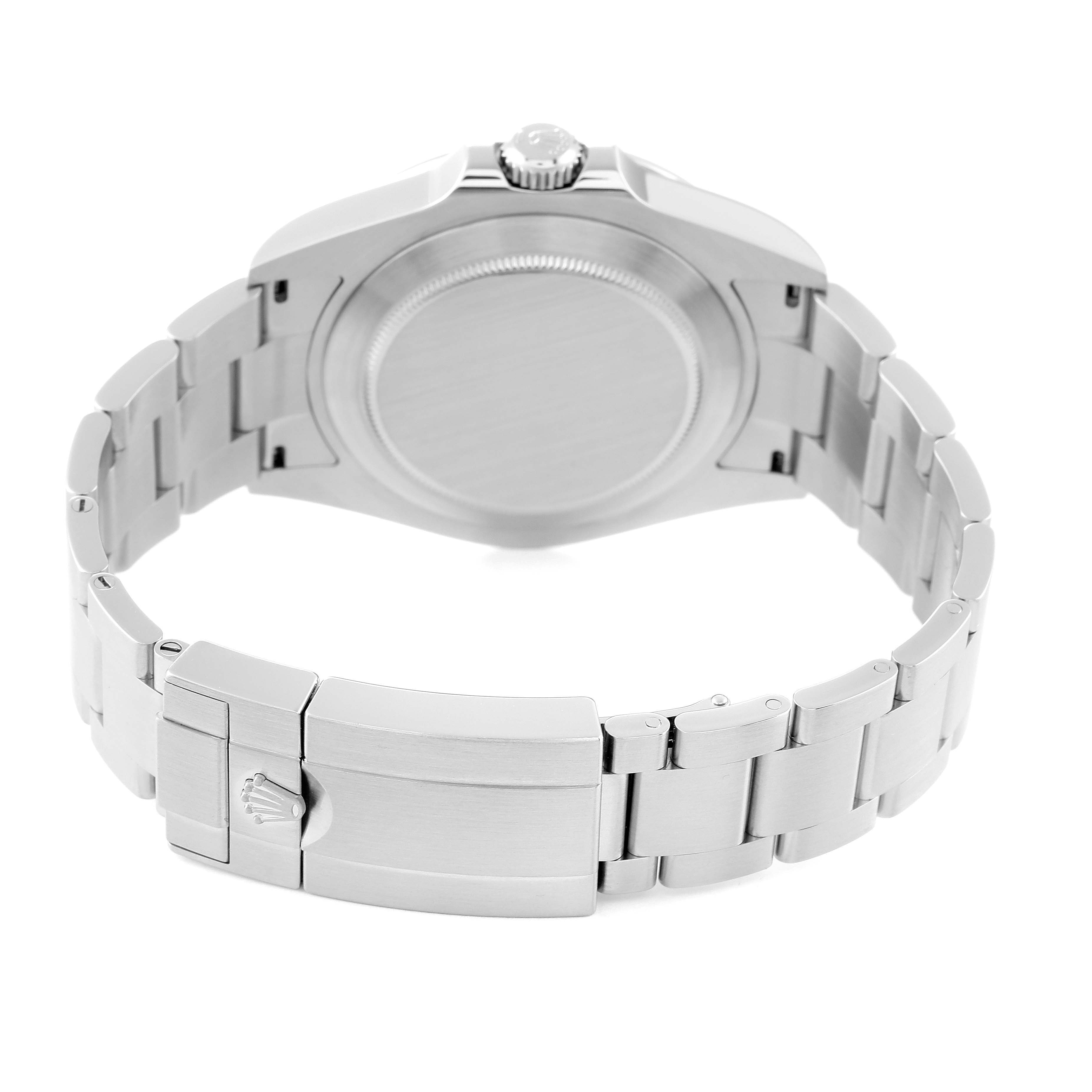 The image shows the back view of a Rolex Explorer 226570 Men
s Stainless Steel White Dial 226570 Men
s Stainless Steel White Dial watch, focusing on the clasp, bracelet, and case back.