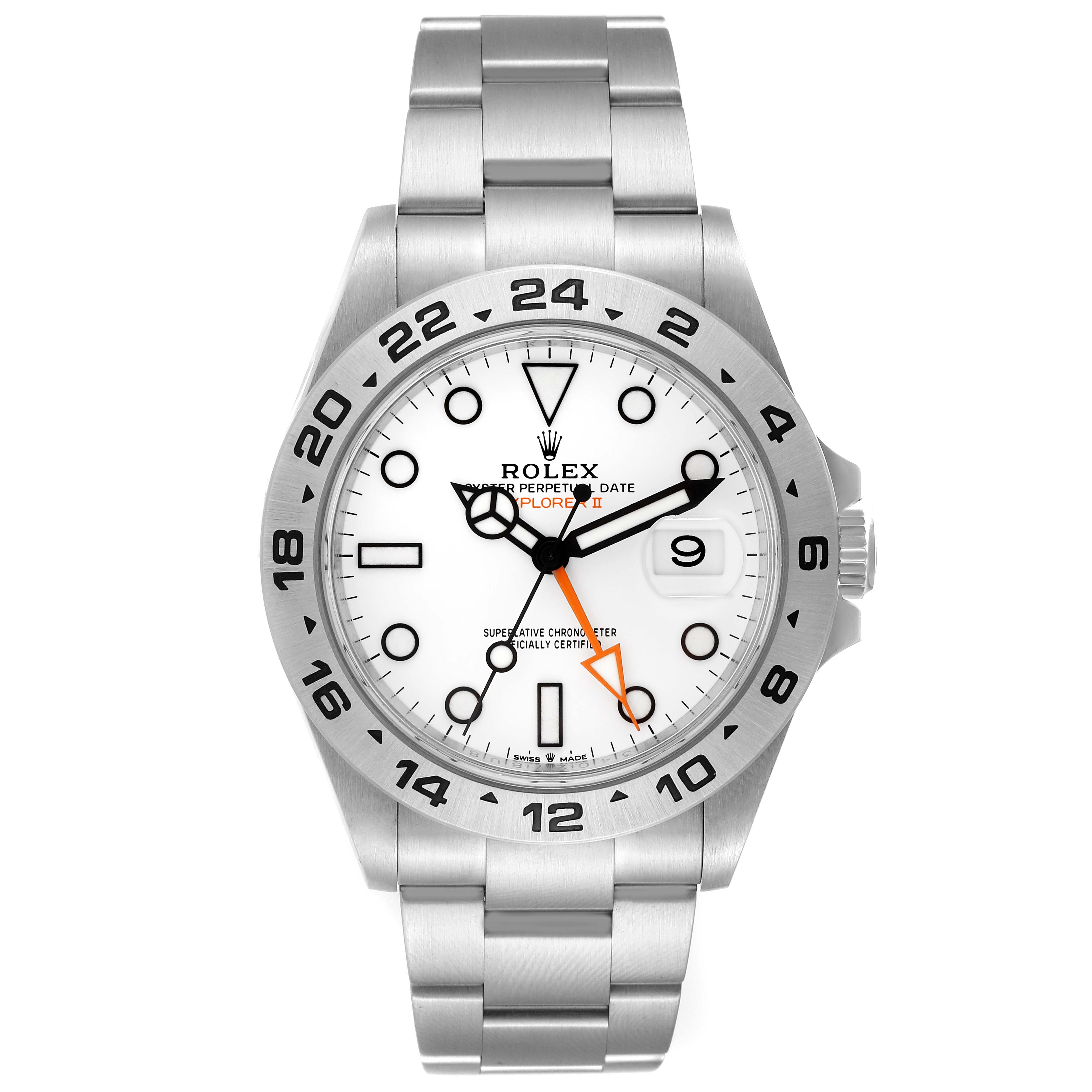 The image shows a front view of the Rolex Explorer 226570 Men
s Stainless Steel White Dial 226570 Men
s Stainless Steel White Dial watch, displaying the dial, hands, bezel, and bracelet.