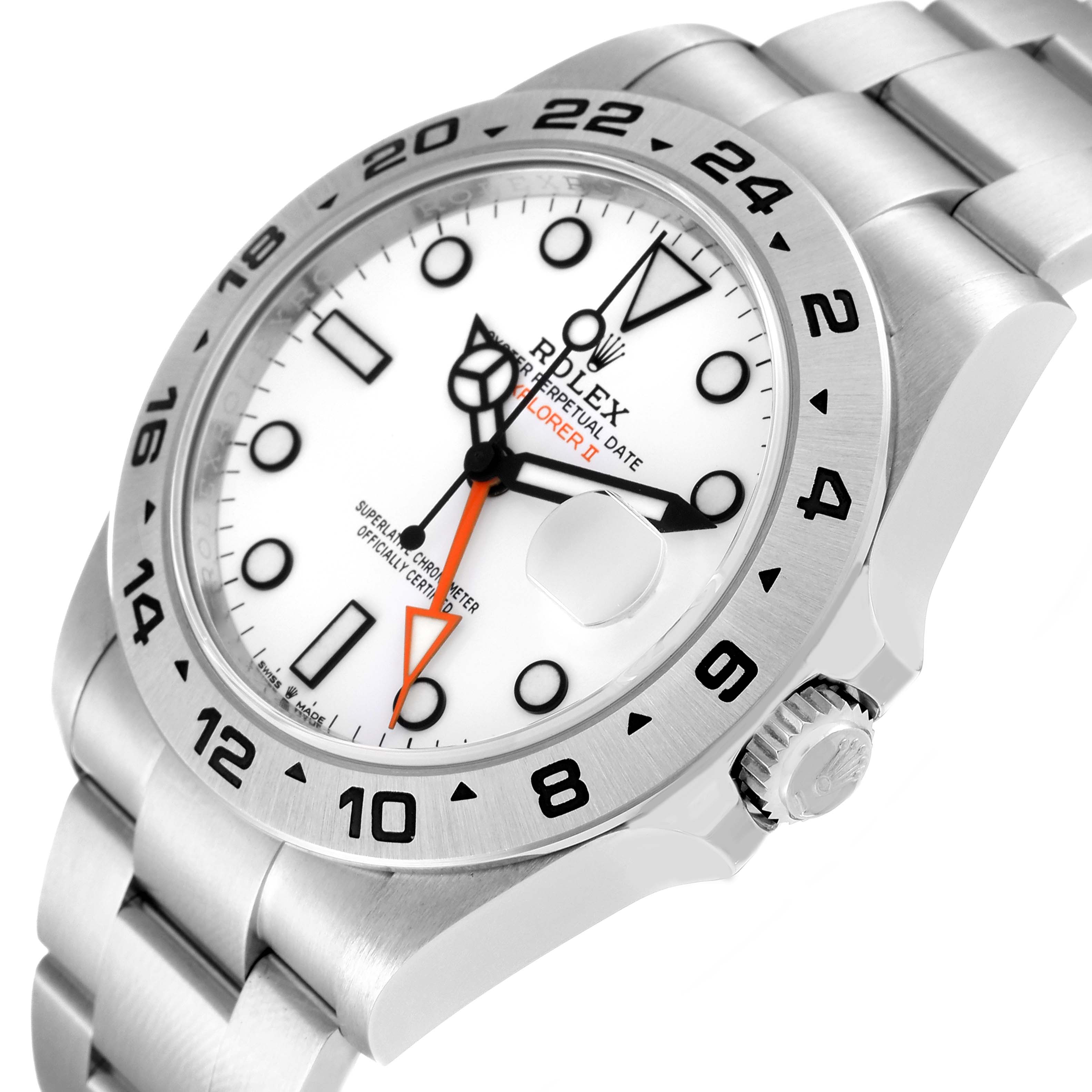 The image shows a front angle of the Rolex Explorer 226570 Men
s Stainless Steel White Dial 226570 Men
s Stainless Steel White Dial II, highlighting its bezel, dial, and crown.
