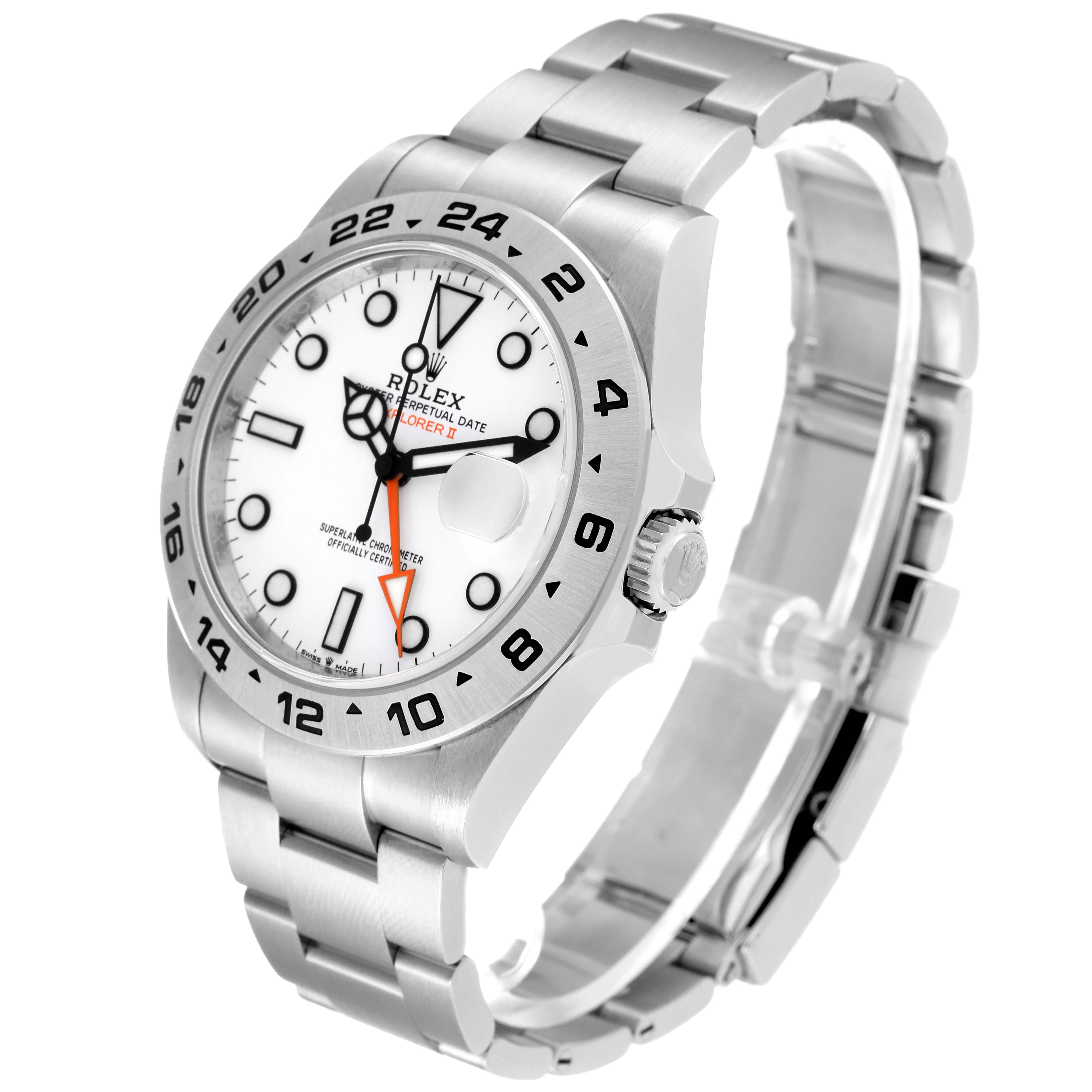 The image shows a side and front angle of the Rolex Explorer 226570 Men
s Stainless Steel White Dial 226570 Men
s Stainless Steel White Dial watch, highlighting its dial, bezel, crown, and bracelet.