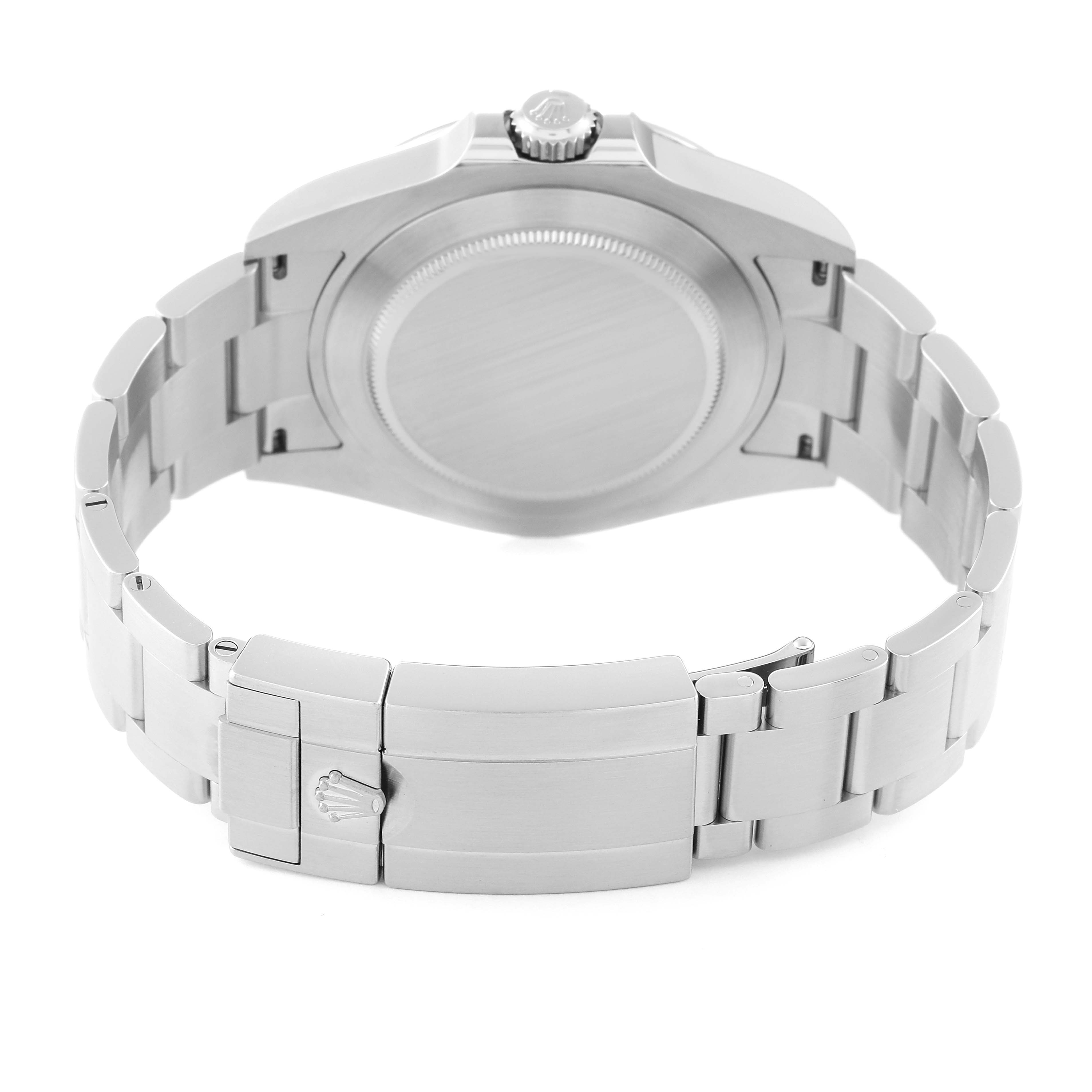This photo shows the back view of the Rolex Explorer 226570 Men
s Stainless Steel White Dial 226570 Men
s Stainless Steel White Dial model watch with a focus on the case back and bracelet clasp.