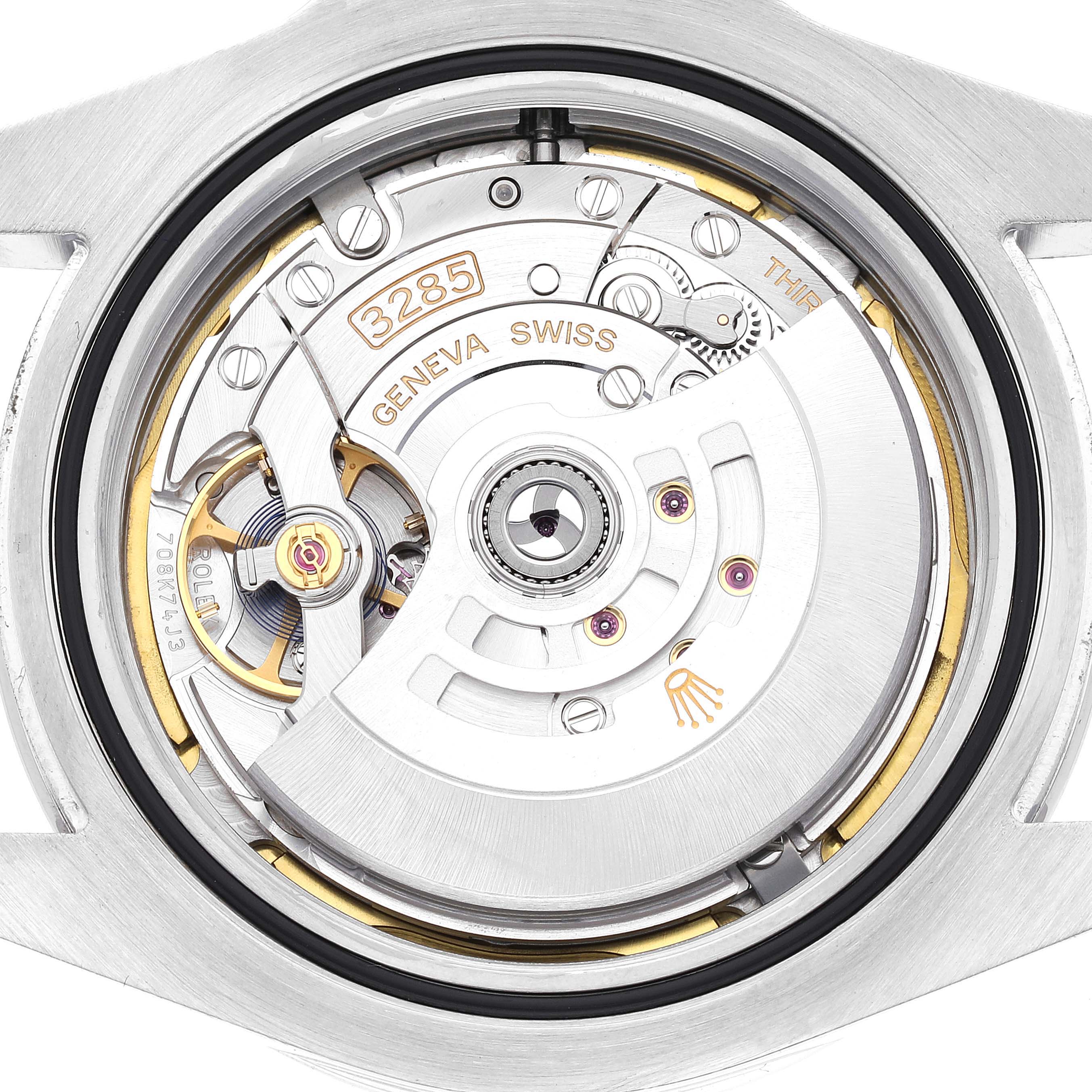 The image shows the detailed inner mechanism of the Rolex Explorer 226570 Men
s Stainless Steel White Dial 226570 Men
s Stainless Steel White Dial watch, viewed from the case back.