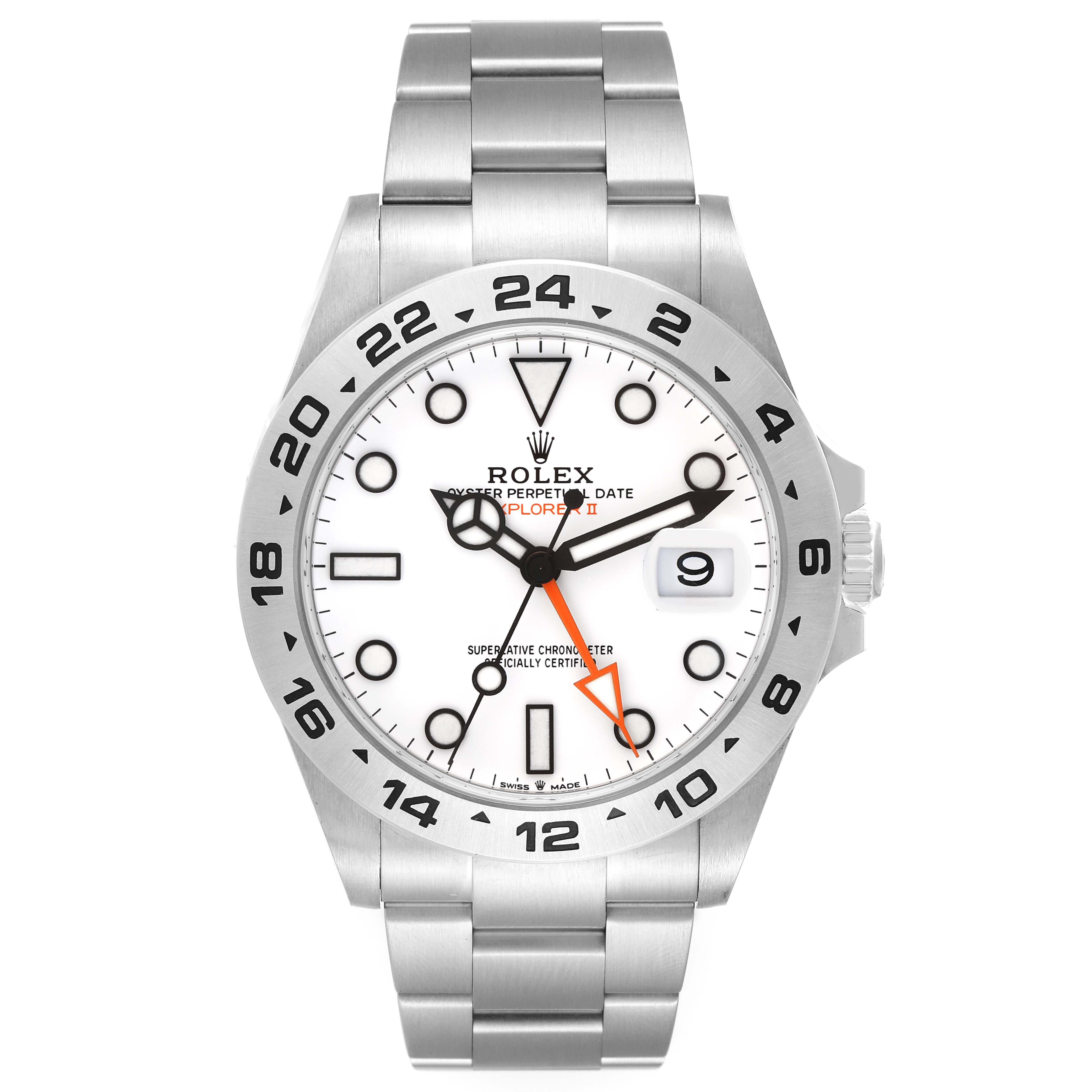 This Rolex Explorer 226570 Men
s Stainless Steel White Dial 226570 Men
s Stainless Steel White Dial watch displays a front view showing the dial, bracelet, bezel, and crown.