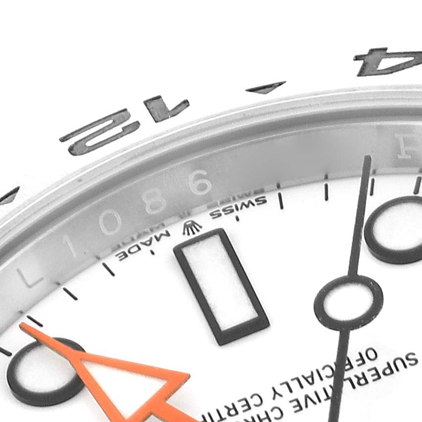 This is a close-up angle of the face and hands of the Rolex Explorer 226570 Men
s Stainless Steel White Dial 226570 Men
s Stainless Steel White Dial watch model, showing the details of the dial, markers, and hands.