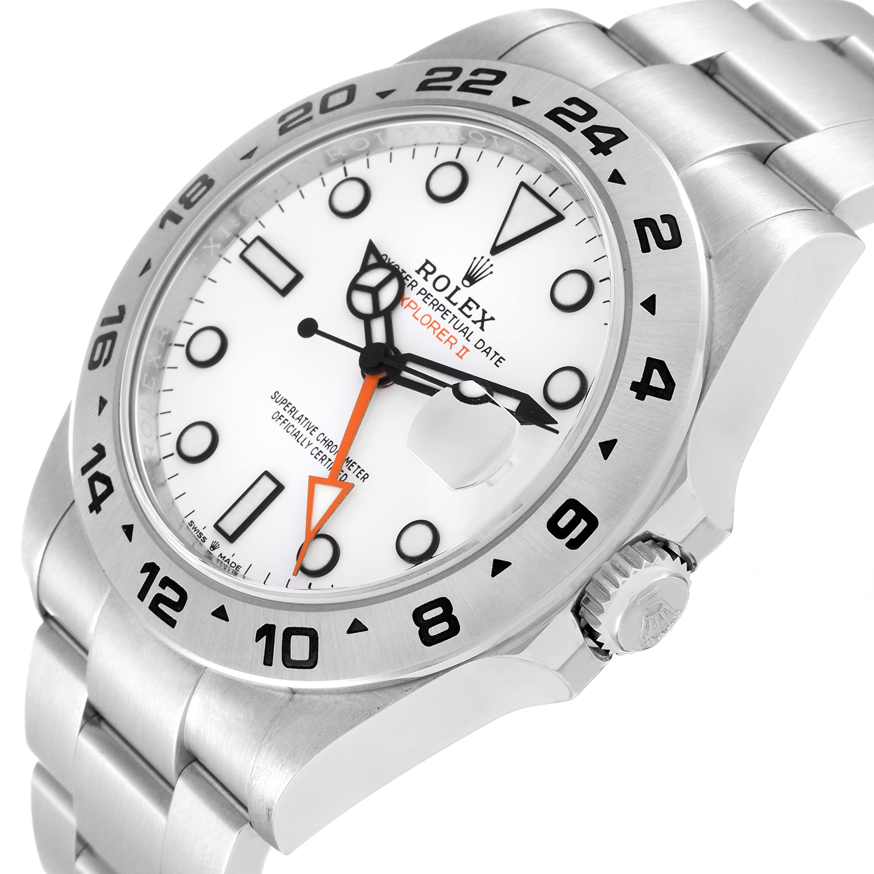 The Rolex Explorer 226570 Men
s Stainless Steel White Dial 226570 Men
s Stainless Steel White Dial watch is shown at an angled view, showcasing the face, bezel, crown, and part of the bracelet.