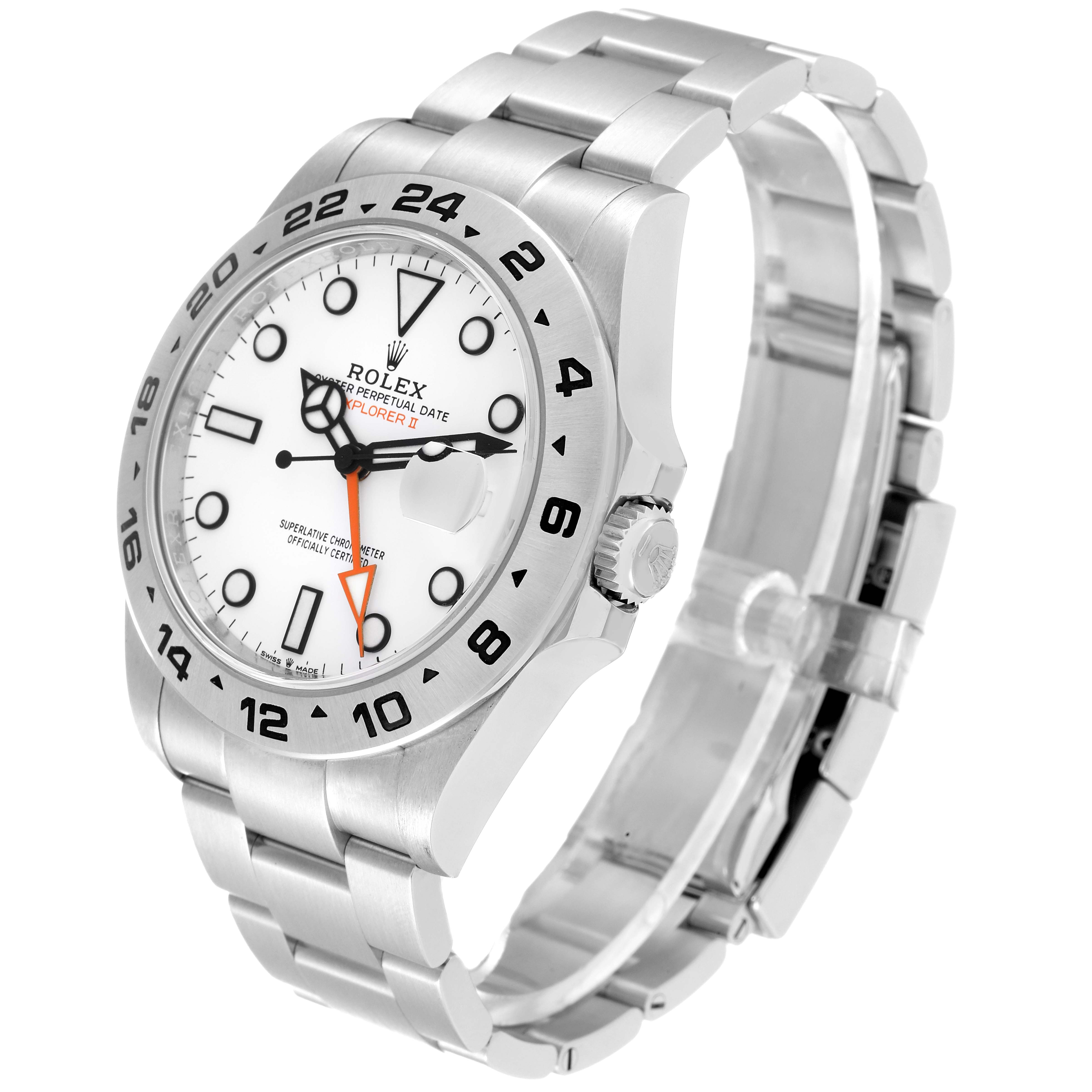 The image shows a three-quarter angle view of the Rolex Explorer 226570 Men
s Stainless Steel White Dial 226570 Men
s Stainless Steel White Dial watch, displaying its face and band.
