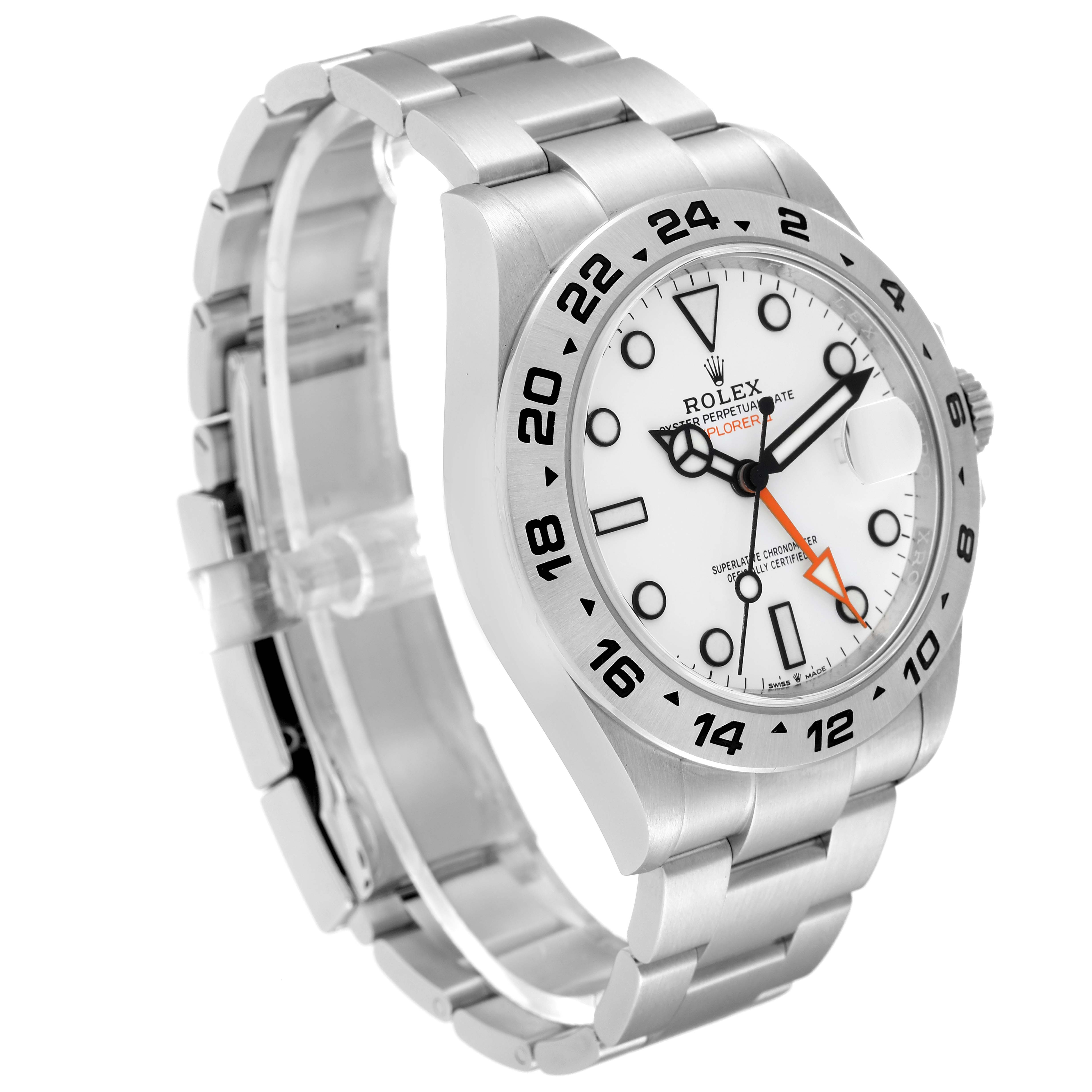 The image shows a side and frontal view of a Rolex Explorer 226570 Men
s Stainless Steel White Dial 226570 Men
s Stainless Steel White Dial watch with a white dial and stainless steel bracelet.