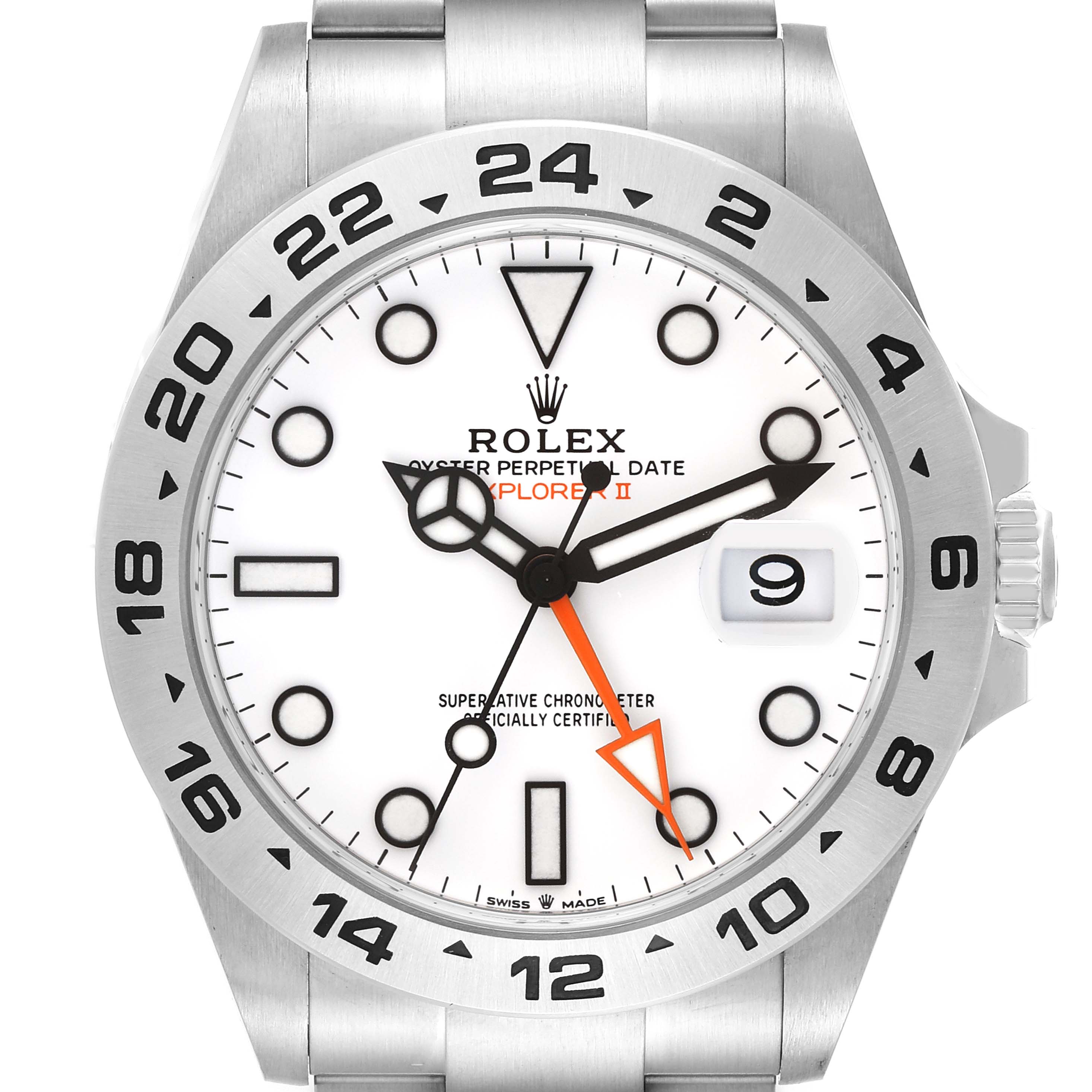 The Rolex Explorer 226570 Men
s Stainless Steel White Dial 226570 Men
s Stainless Steel White Dial watch is shown from a frontal angle, highlighting the dial, bezel, and part of the bracelet.