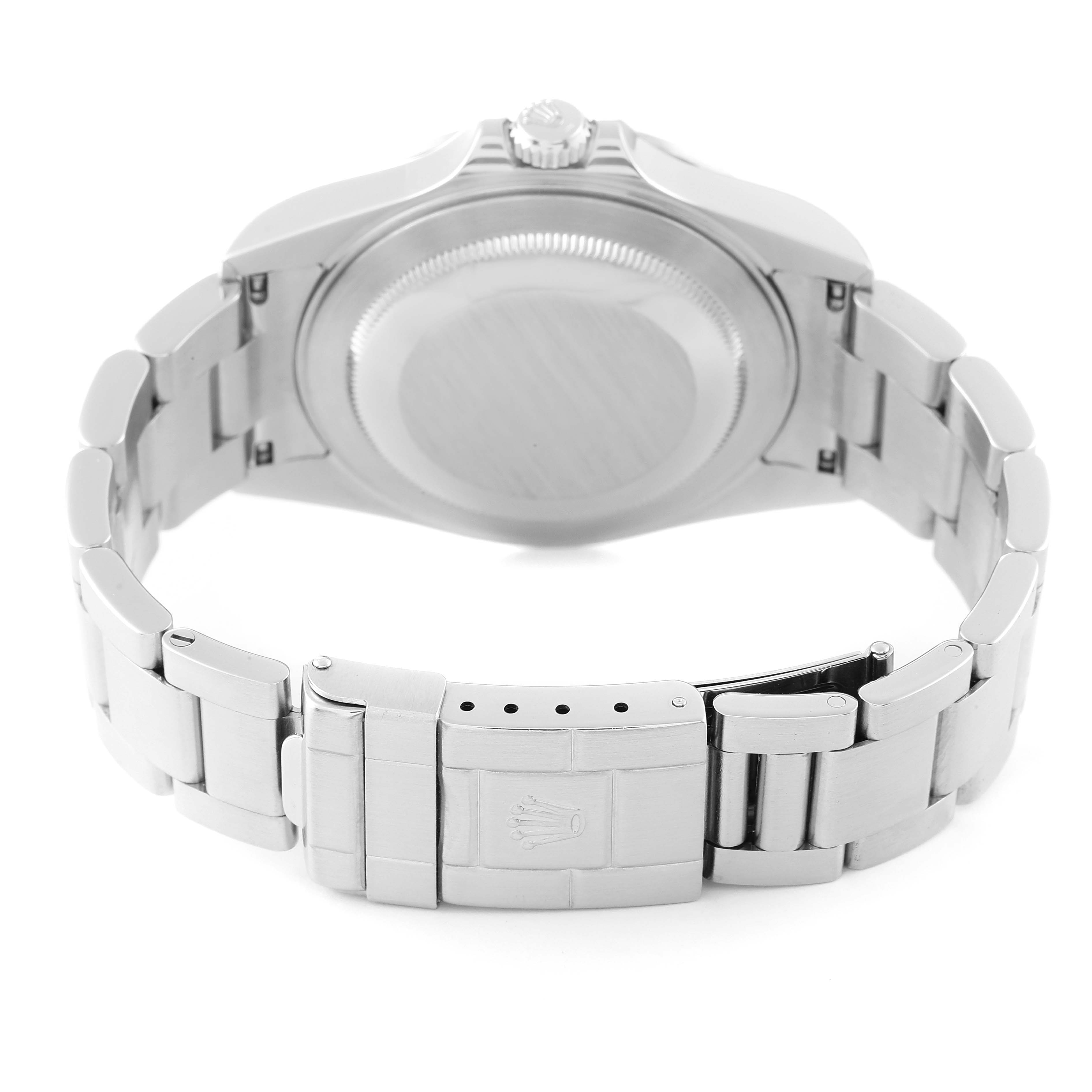 The image shows the back case and bracelet clasp of the Rolex Explorer 16570 Men
s Stainless Steel Black Dial 16570 Men
s Stainless Steel Black Dial watch.