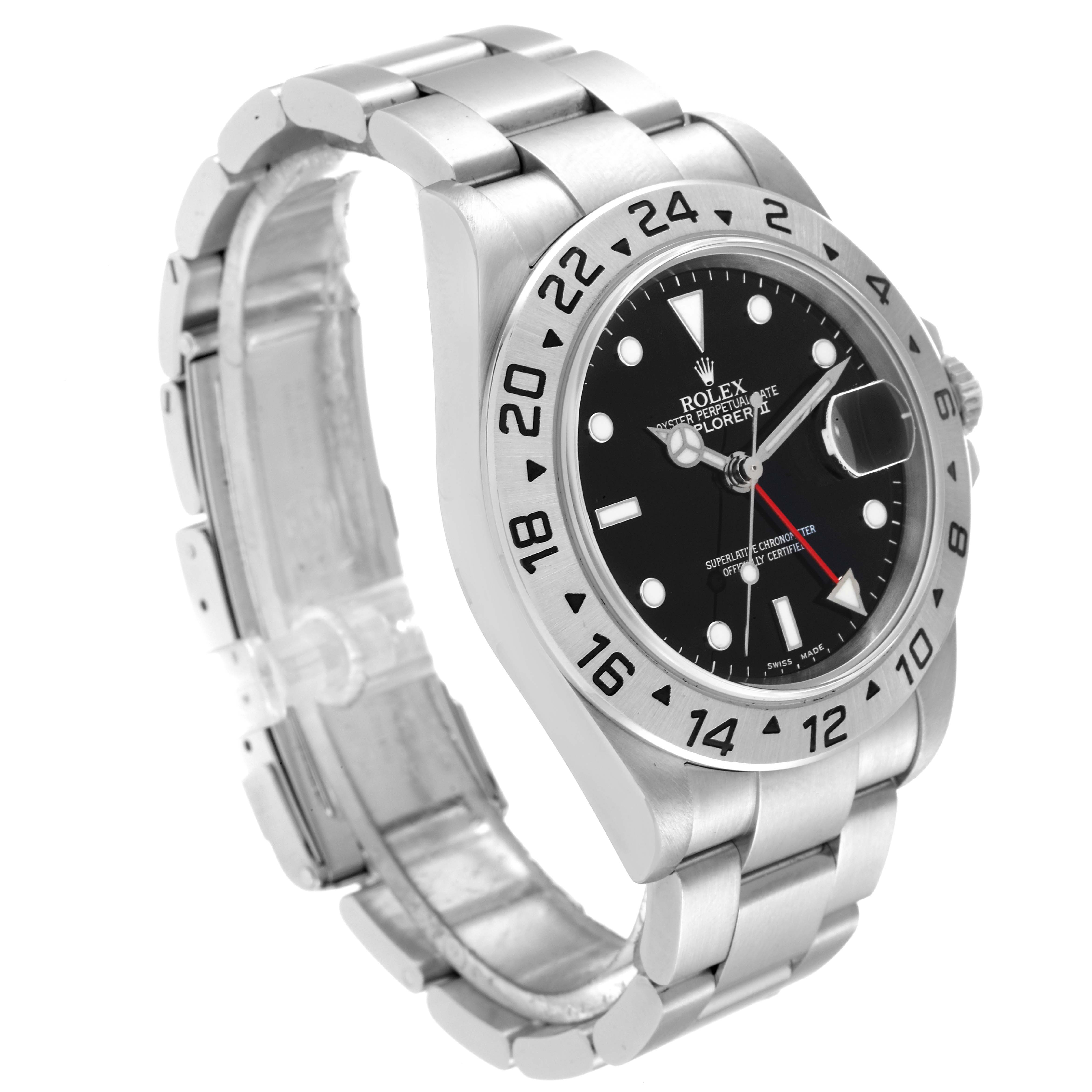 The Rolex Explorer 16570 Men
s Stainless Steel Black Dial 16570 Men
s Stainless Steel Black Dial watch is shown in a three-quarter left angle view, highlighting the face, bezel, and bracelet.