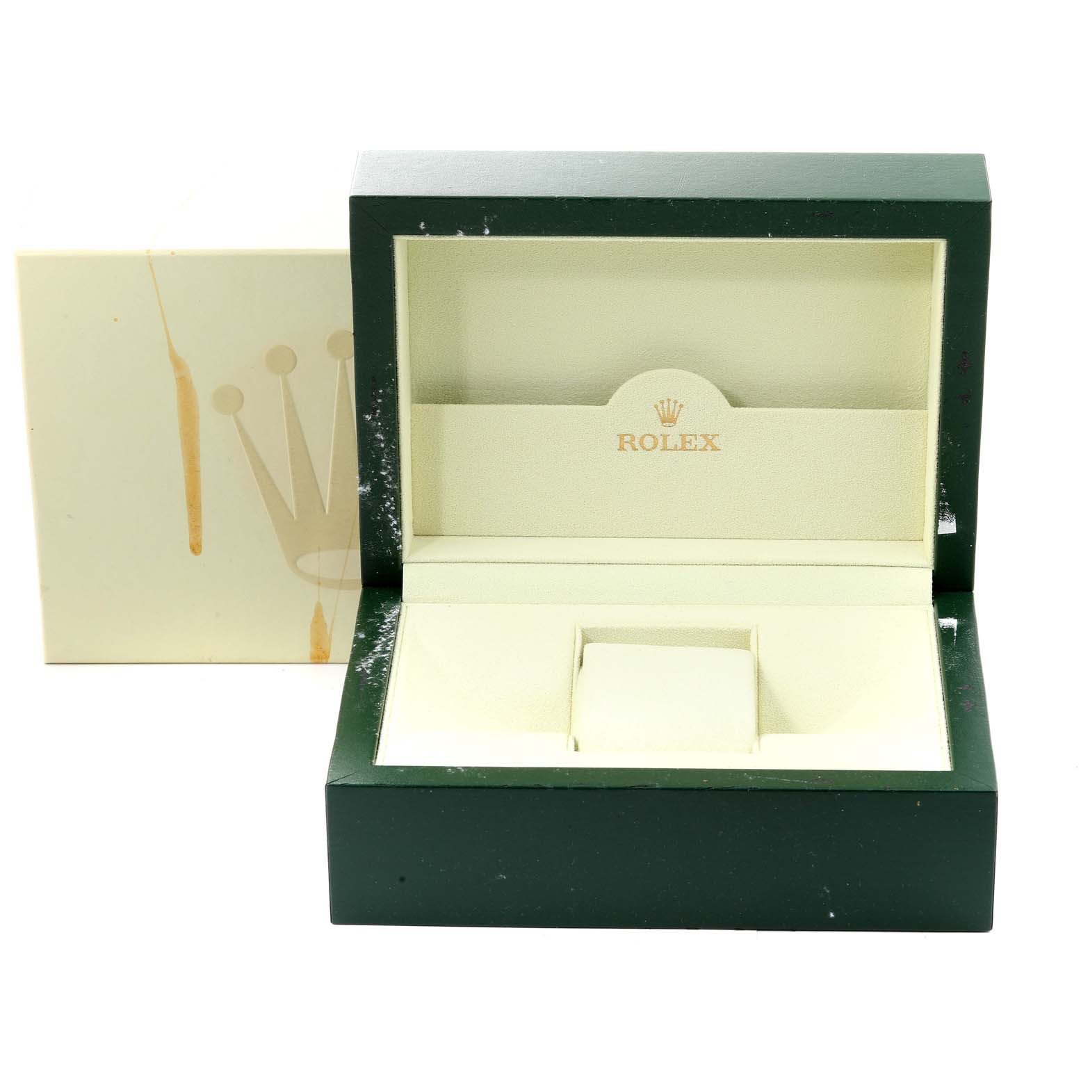 This image shows an empty Rolex Explorer 16570 Men
s Stainless Steel Black Dial 16570 Men
s Stainless Steel Black Dial watch box and its outer packaging from a frontal angle.