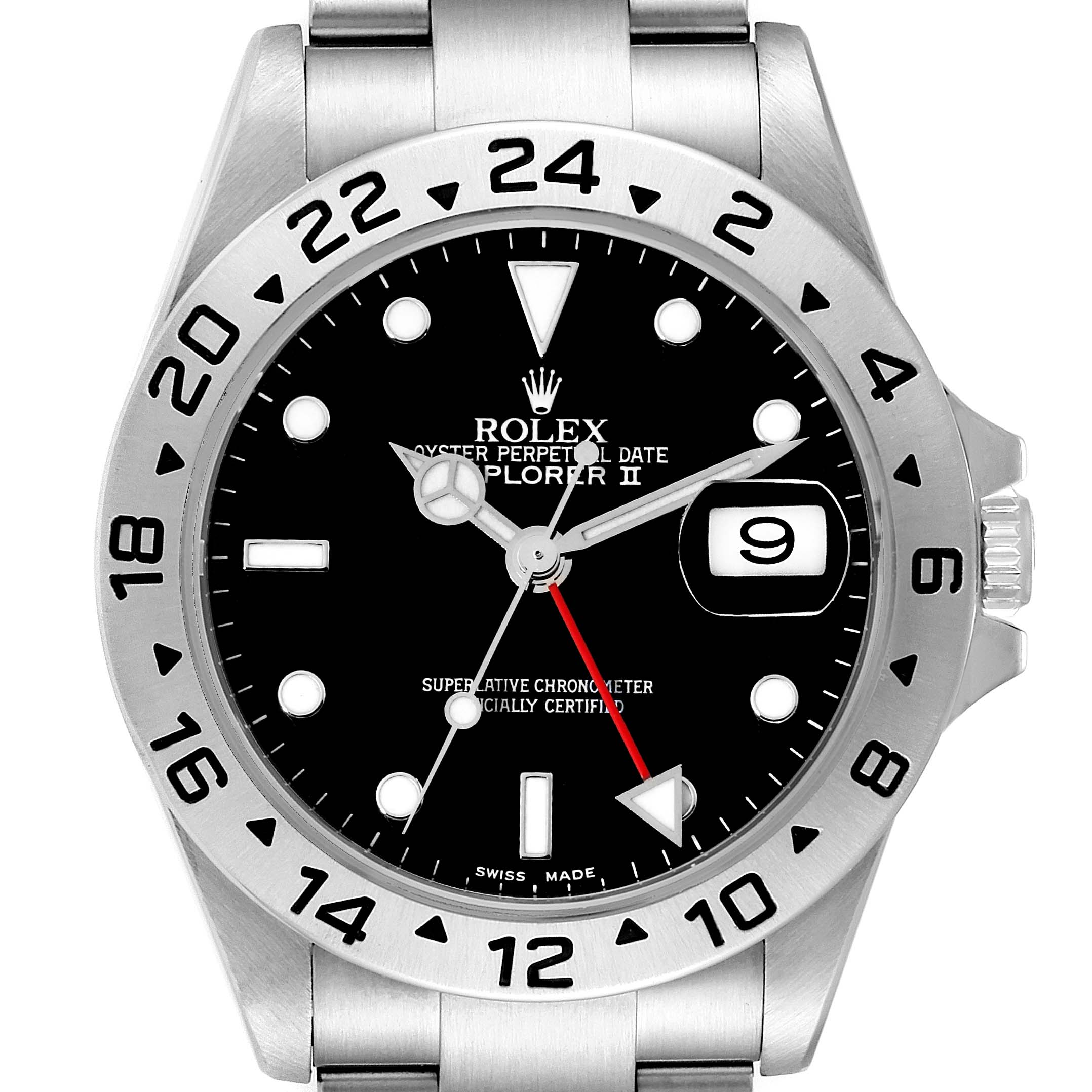 The image shows a front view of the Rolex Explorer 16570 Men
s Stainless Steel Black Dial 16570 Men
s Stainless Steel Black Dial watch, displaying the dial, bezel, date window, and part of the bracelet.