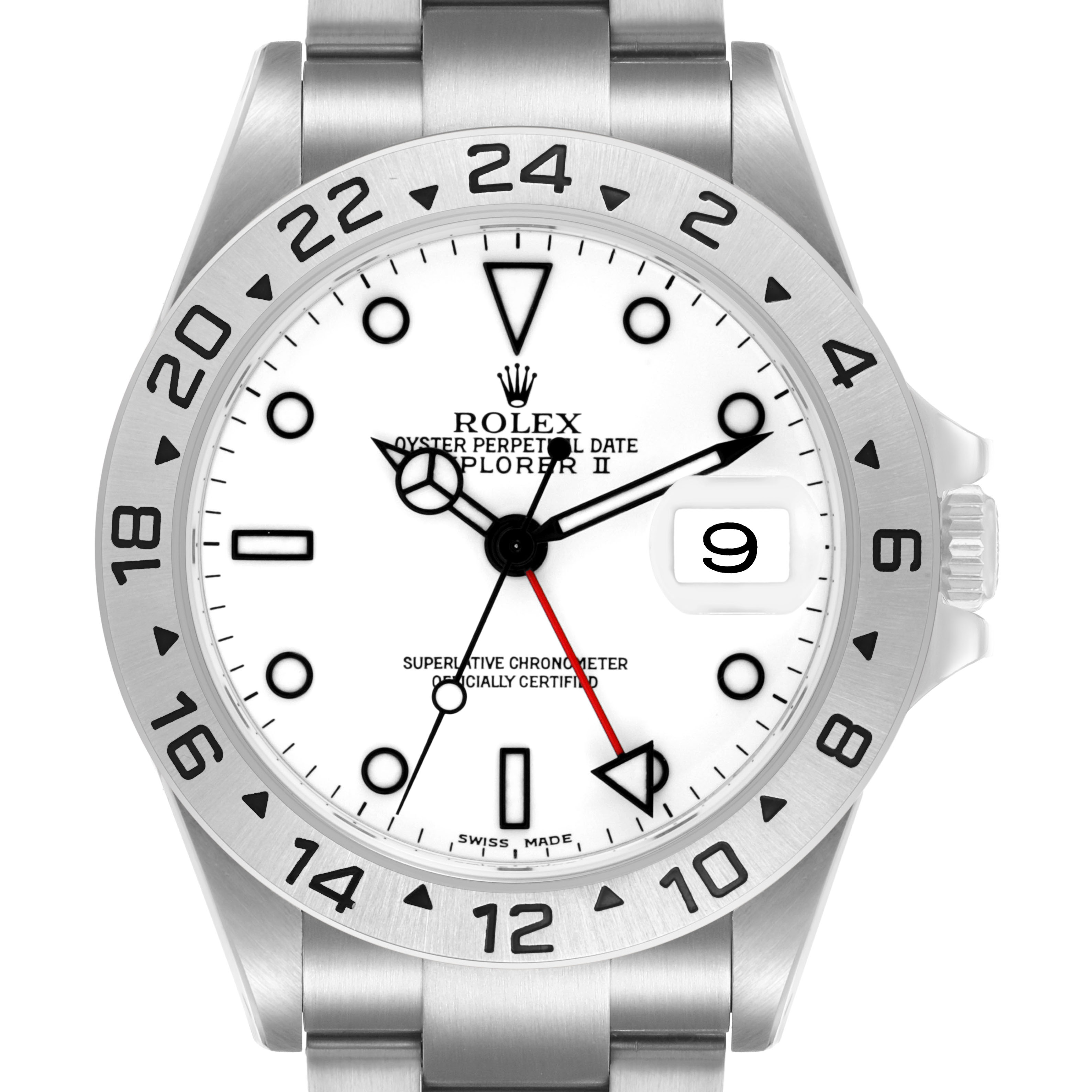 The Rolex Explorer 16570 Men's Stainless Steel Black Dial watch is shown from a front angle, highlighting the face, bezel, and part of the bracelet.