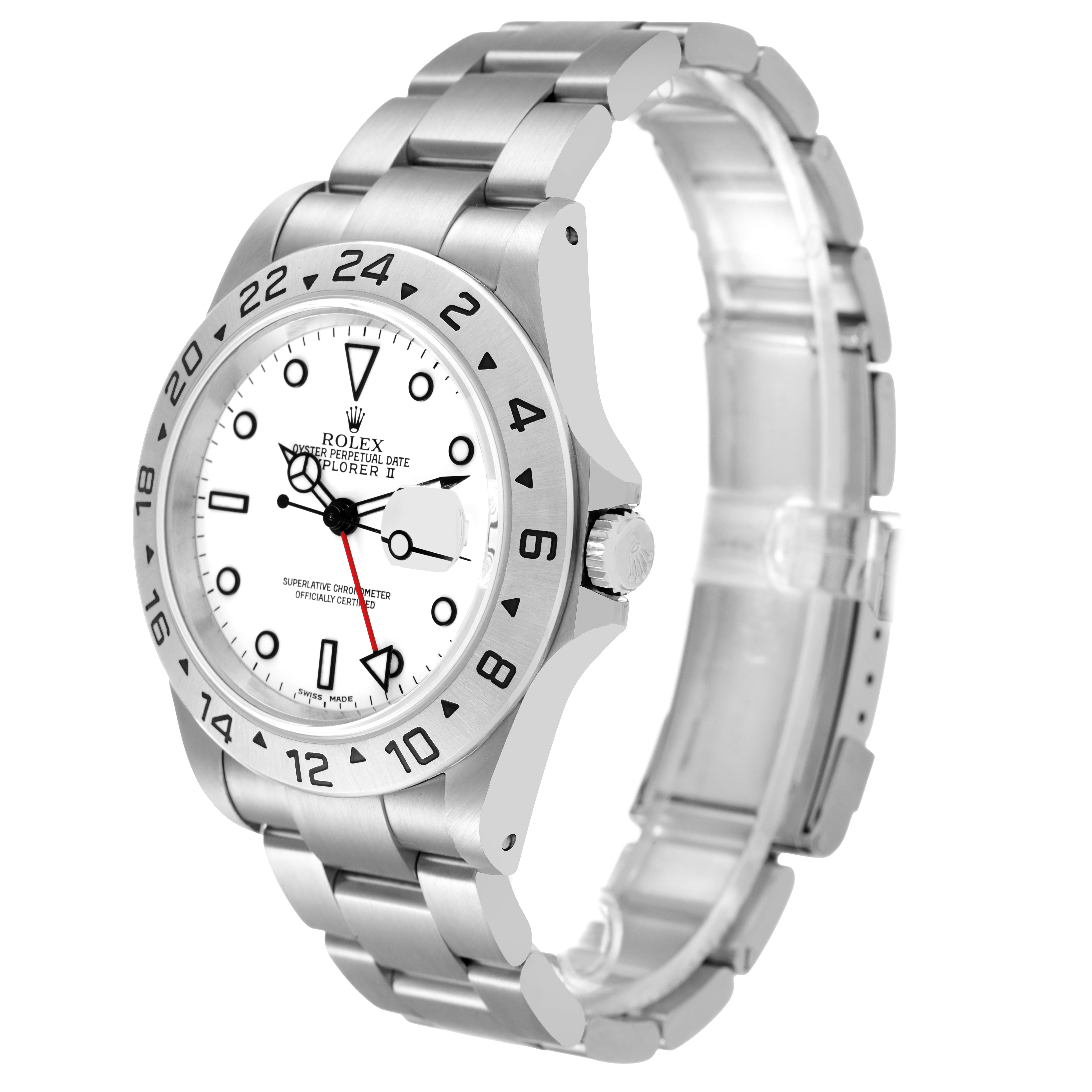 The Rolex Explorer 16570 Men's Stainless Steel Black Dial model is shown at a side angle, highlighting the watch face, crown, bezel, and bracelet.