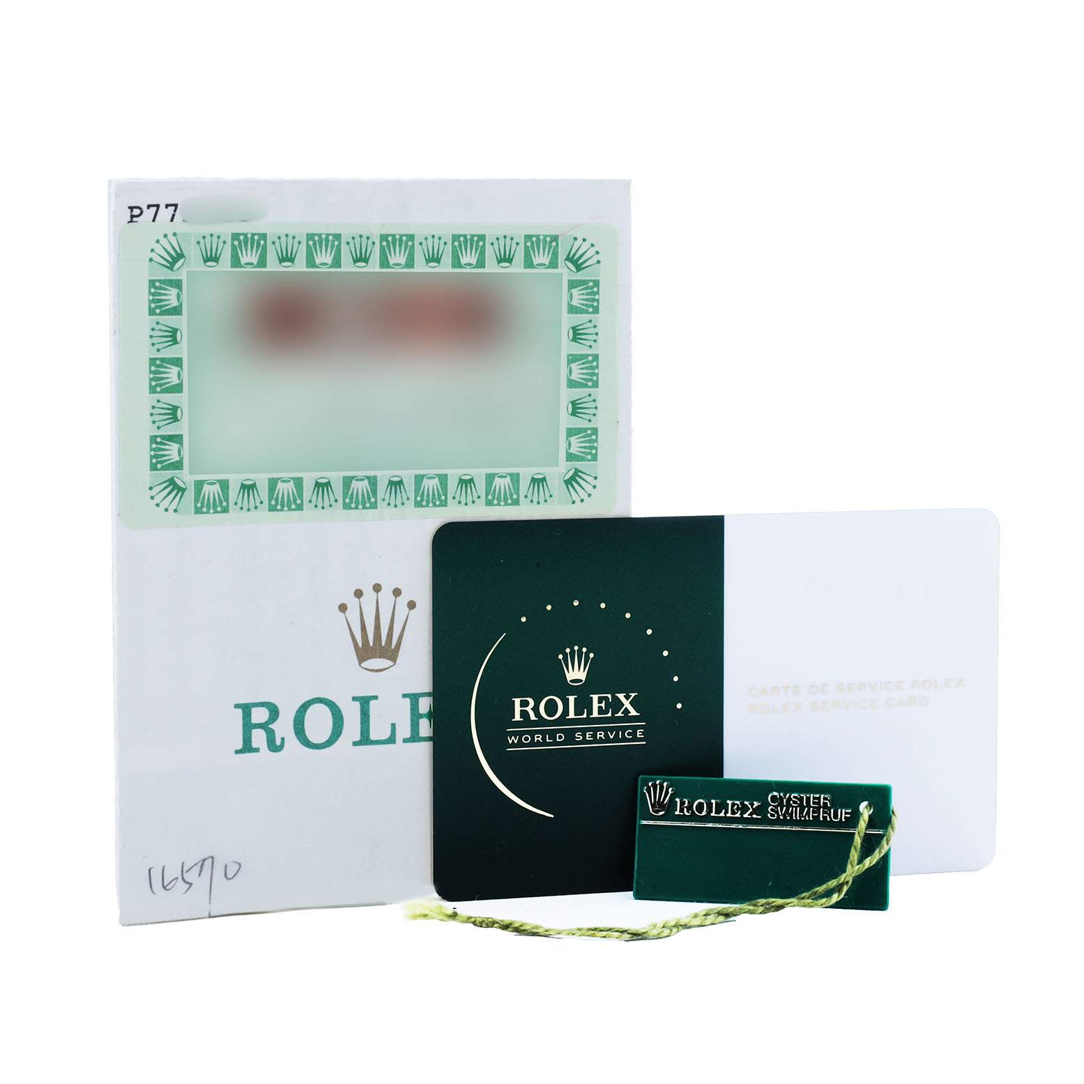 The image shows Rolex Explorer 16570 Men's Stainless Steel Black Dial model accessories including service cards and tags, viewed from the front.