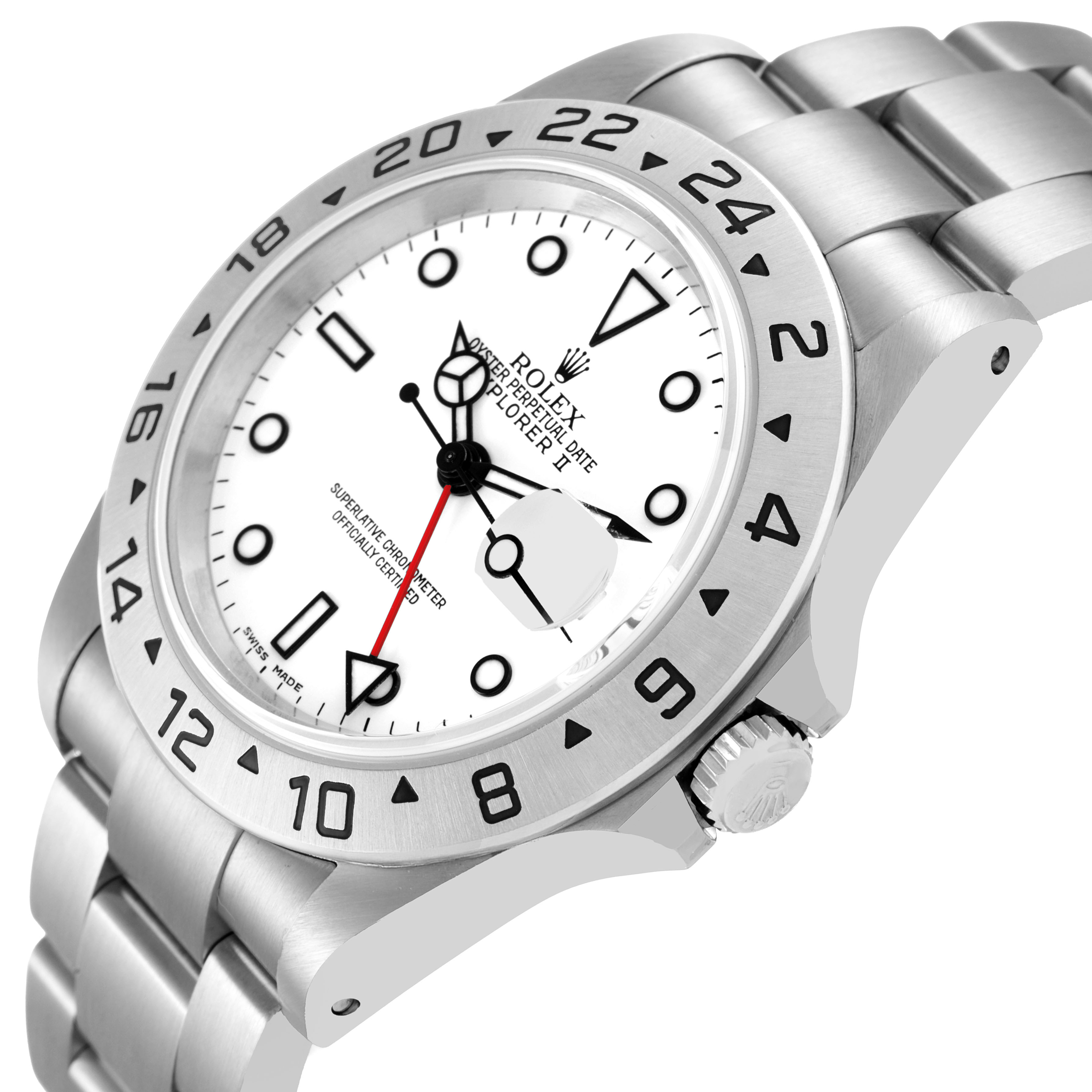 The Rolex Explorer 16570 Men's Stainless Steel Black Dial watch is shown at an angled side view, displaying the bezel, face, and bracelet.