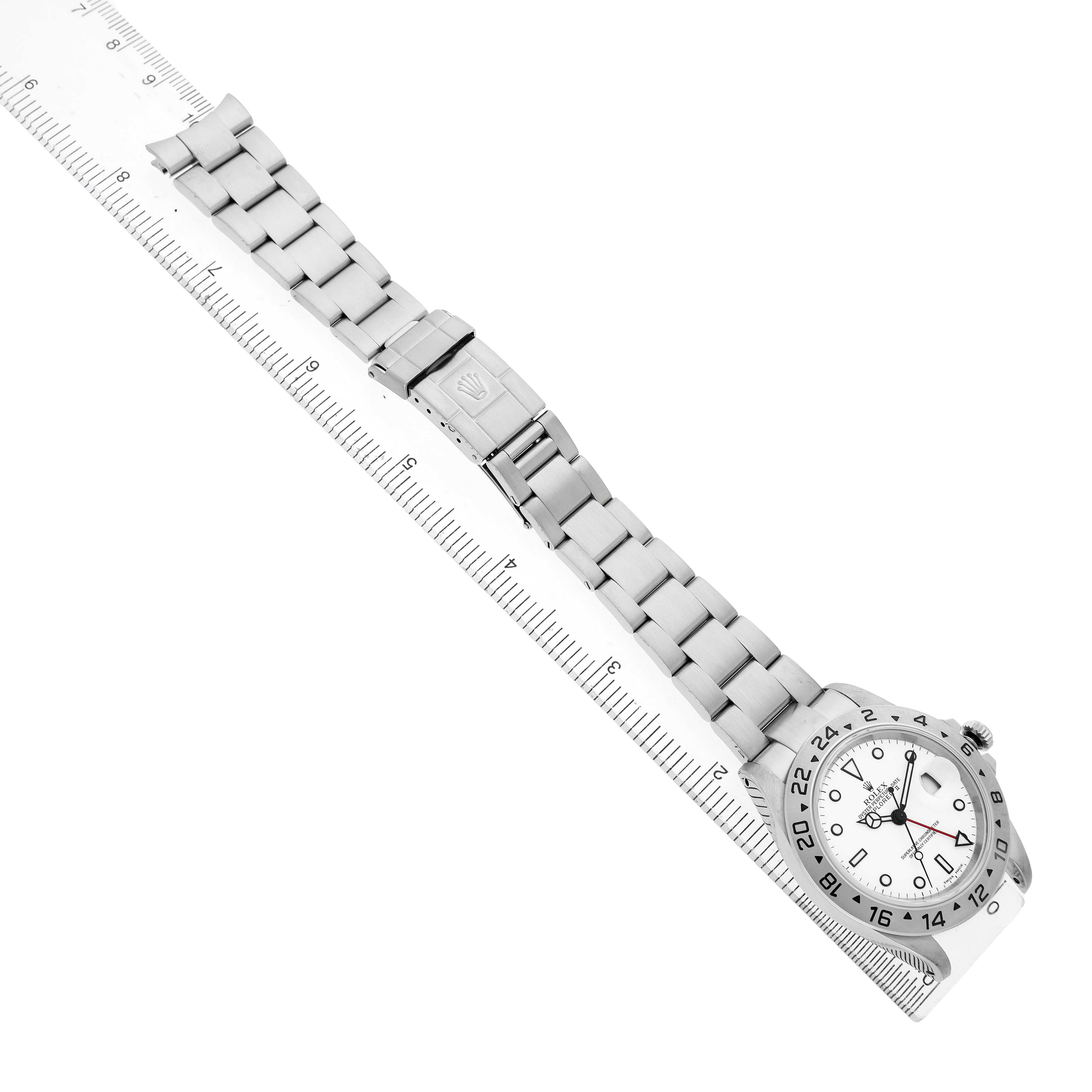 The Rolex Explorer 16570 Men's Stainless Steel Black Dial watch is shown from an overhead angle, displaying the full bracelet, clasp, dial, and bezel.