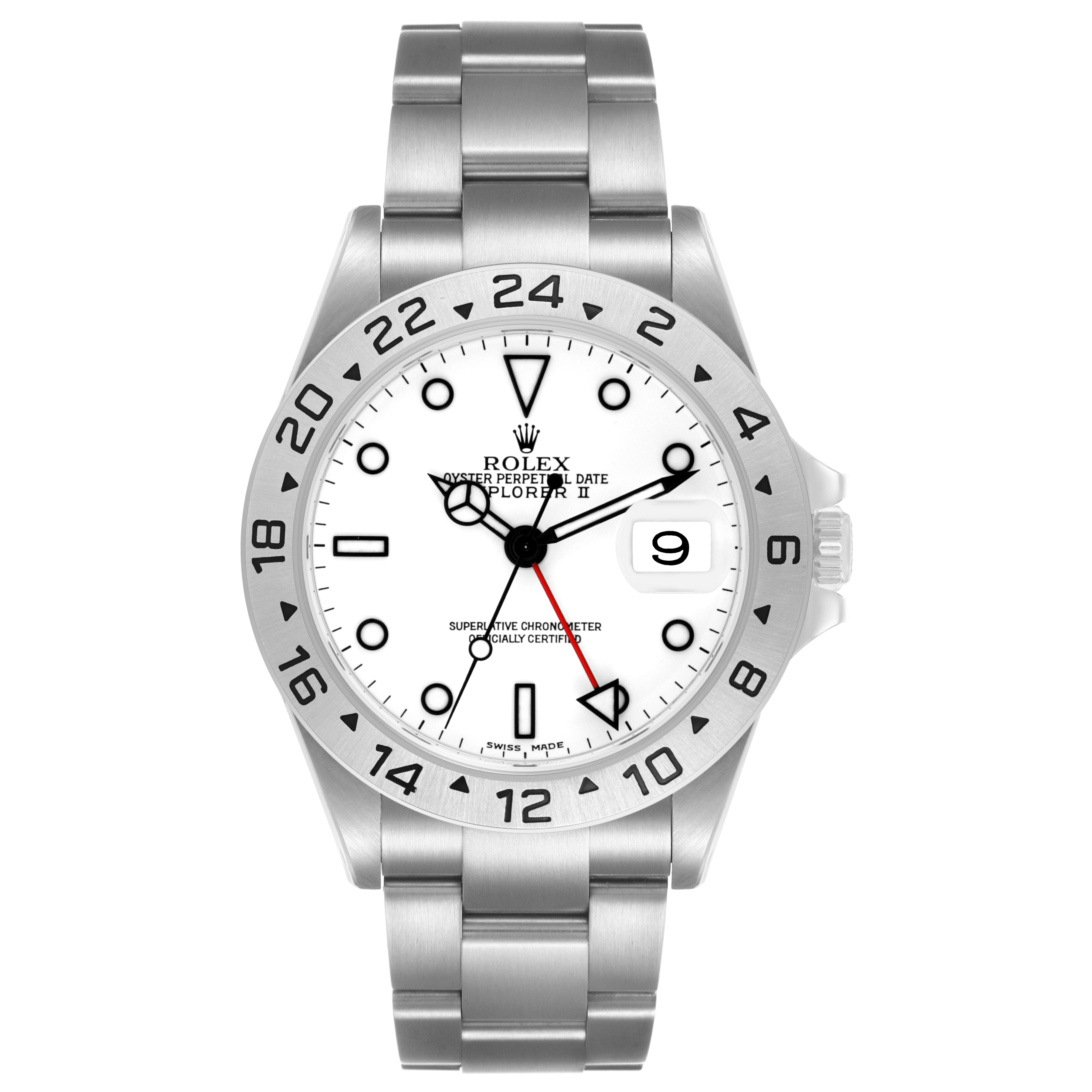 The Rolex Explorer 16570 Men's Stainless Steel Black Dial watch is shown from the front, displaying its dial, hands, bezel, crown, and bracelet.