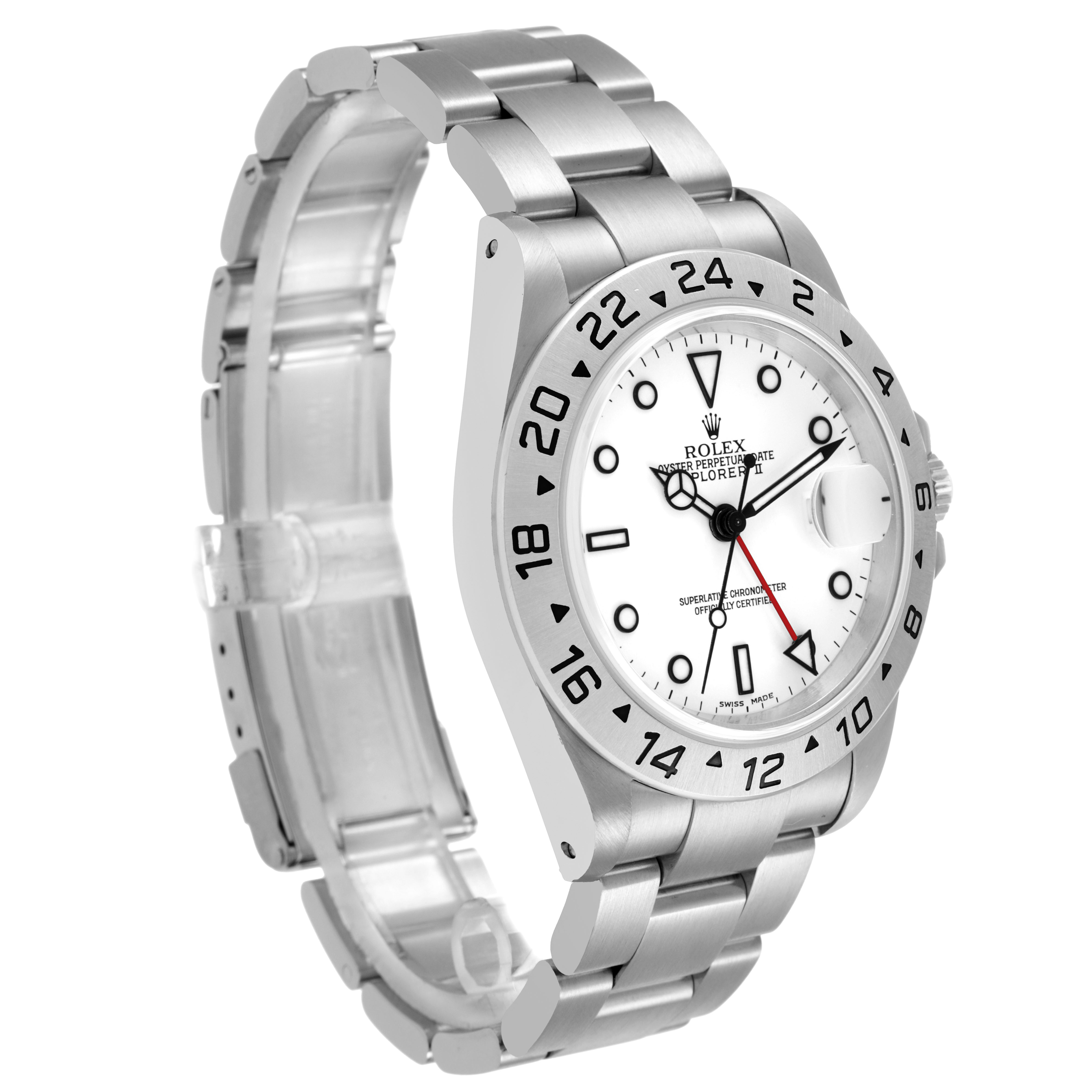 The Rolex Explorer 16570 Men's Stainless Steel Black Dial watch is shown at a three-quarter angle, highlighting the face, bezel, bracelet, and clasp.
