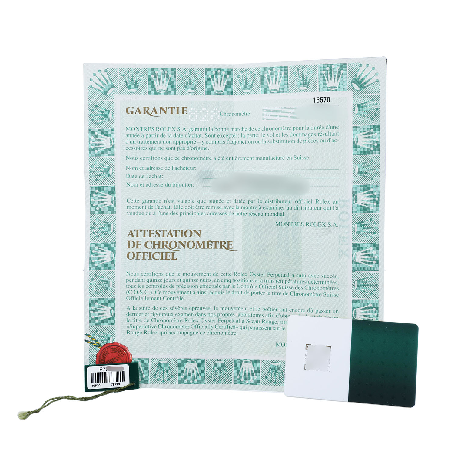 The image shows the guarantee certificate and authentication card for a Rolex Explorer 16570 Men's Stainless Steel Black Dial watch, angled flat and clearly visible.
