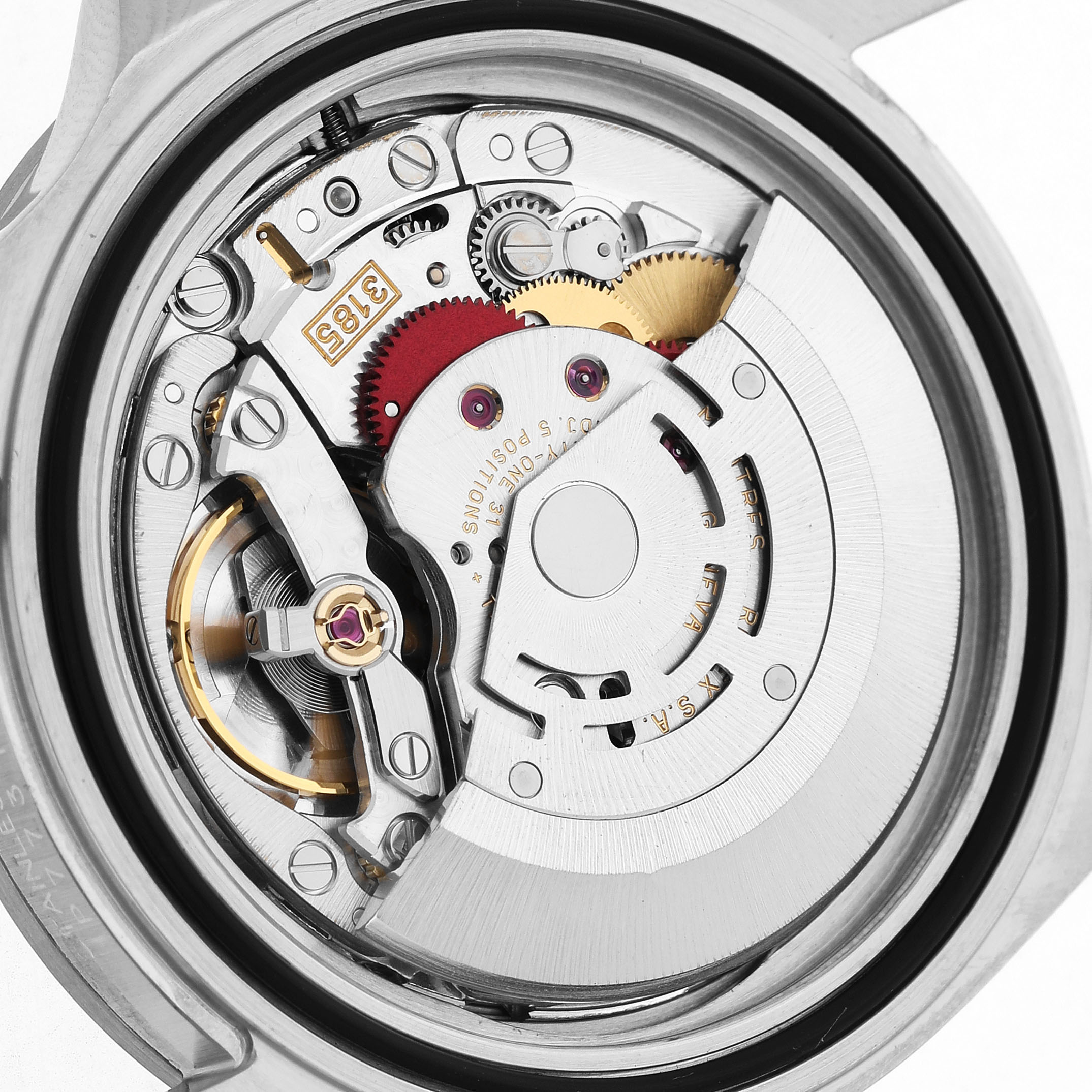The image shows the movement and mechanism of a Rolex Explorer 16570 Men's Stainless Steel Black Dial watch from a back angle.