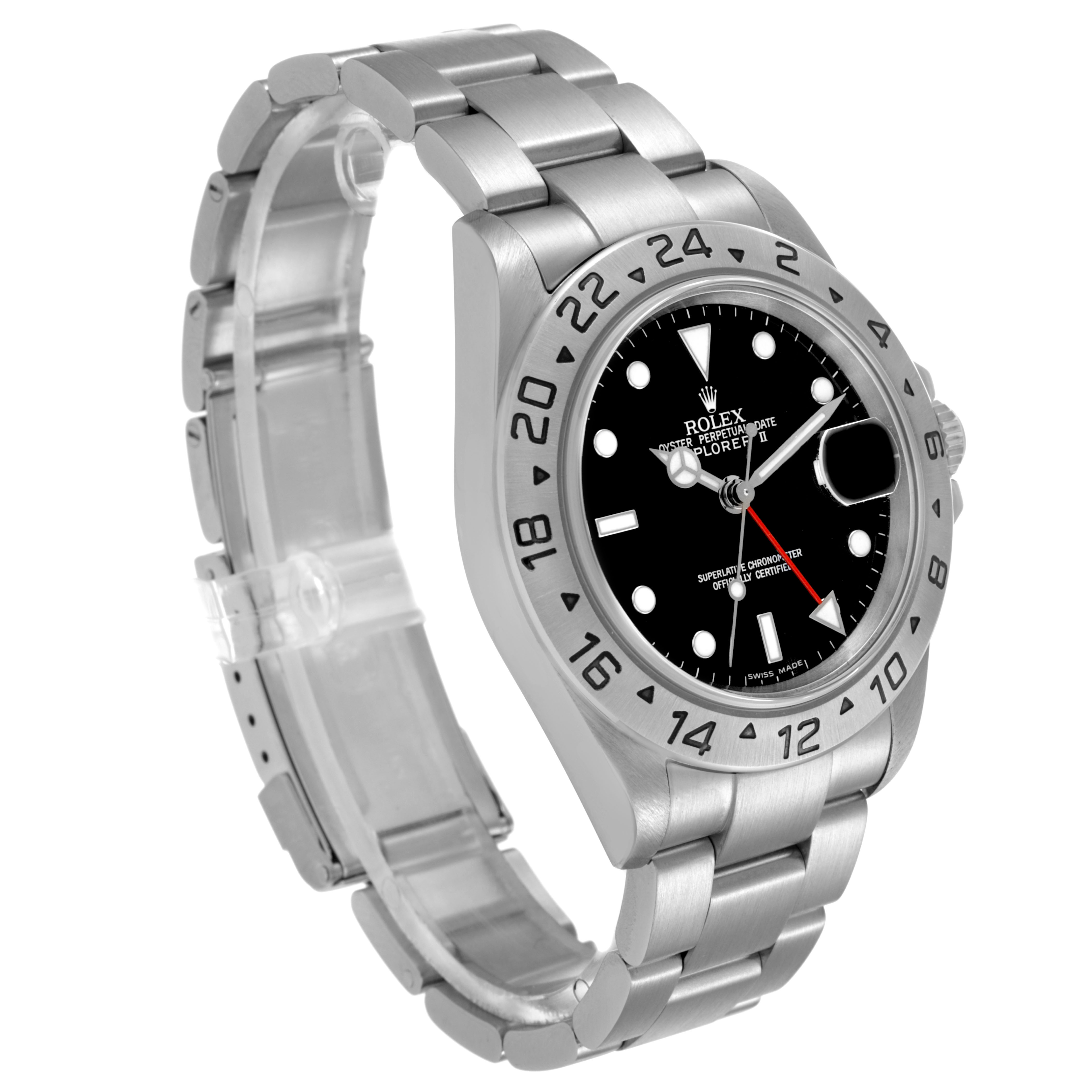 The Rolex Explorer 16570 Men's Stainless Steel Black Dial watch is shown at a slight angle, displaying the bezel, face, bracelet, and side crown.