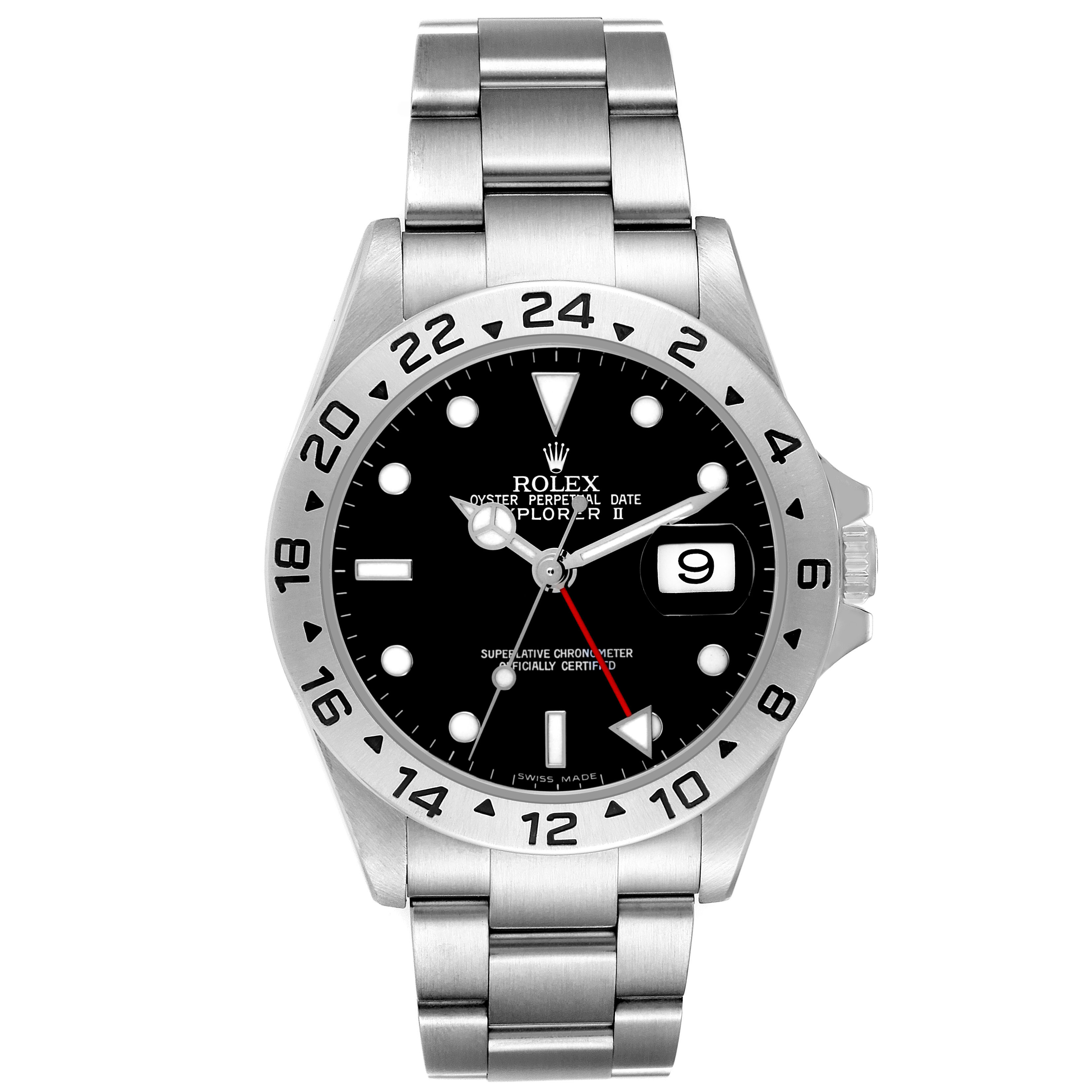 The image shows a front view of the Rolex Explorer 16570 Men's Stainless Steel Black Dial II watch, highlighting the bezel, dial, hour markers, hands, date, and bracelet.