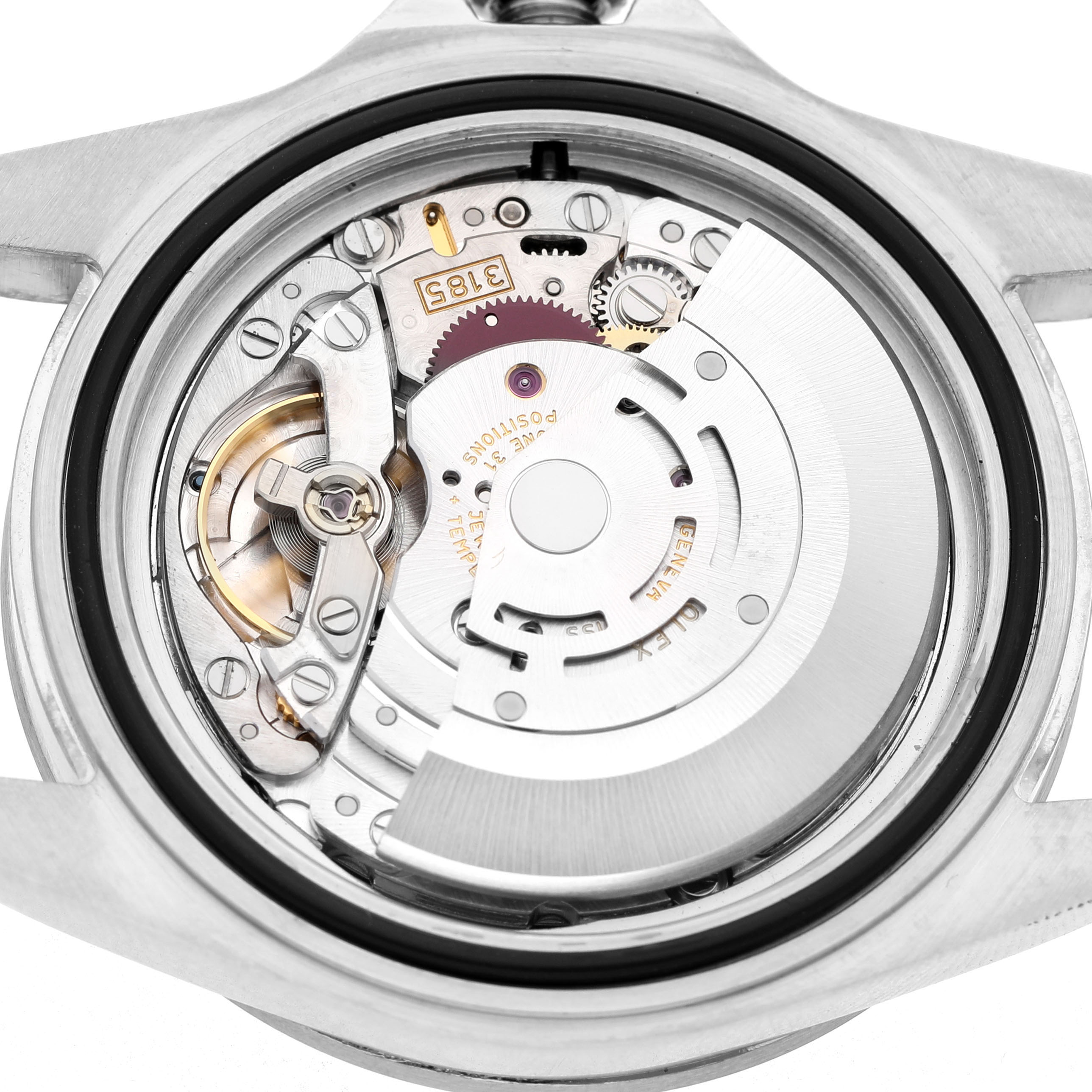 The image shows the movement of a Rolex Explorer 16570 Men's Stainless Steel Black Dial watch from the back, displaying intricate gears and mechanical components.