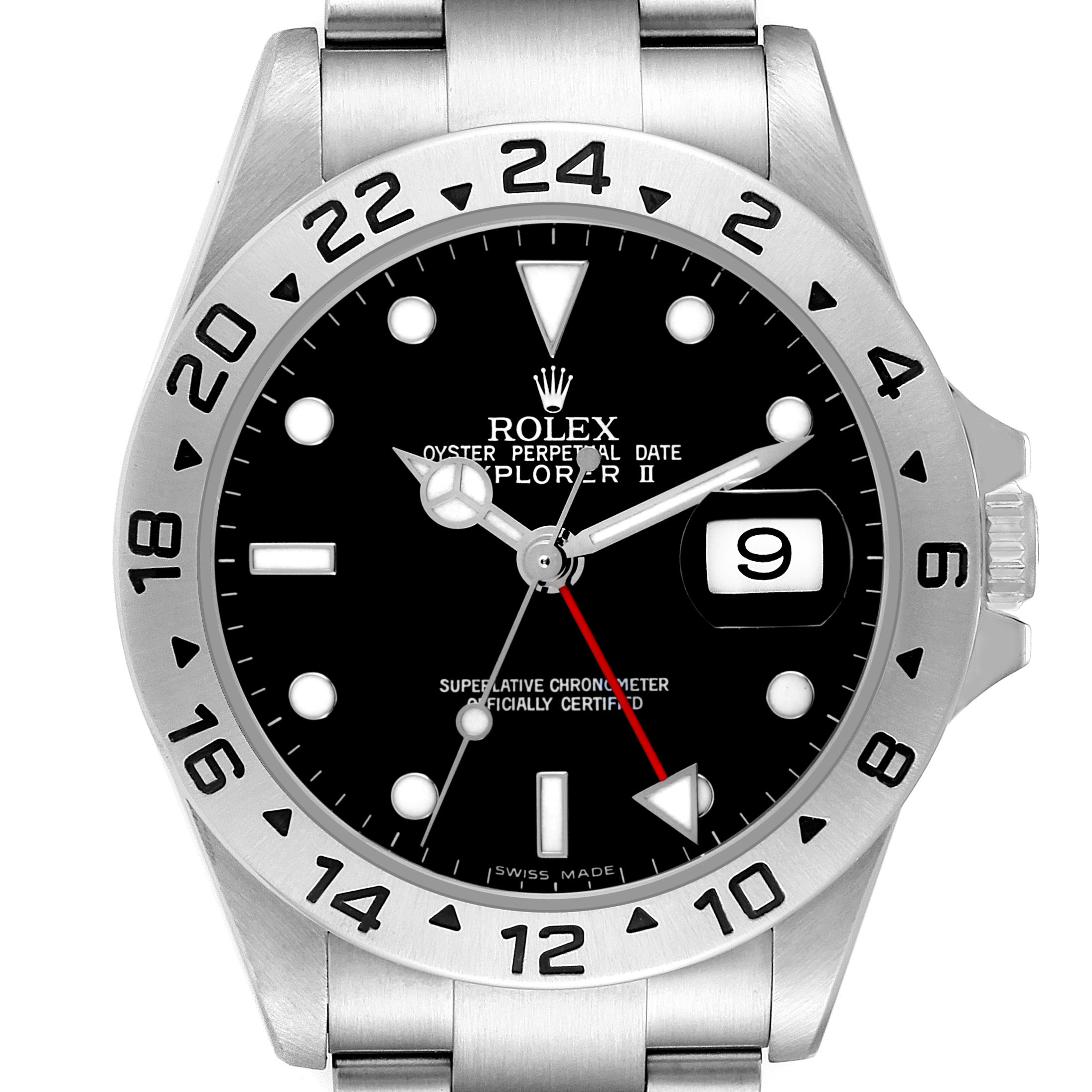 The Rolex Explorer 16570 Men's Stainless Steel Black Dial watch is shown from a front angle, displaying the dial, bezel, and part of the bracelet.