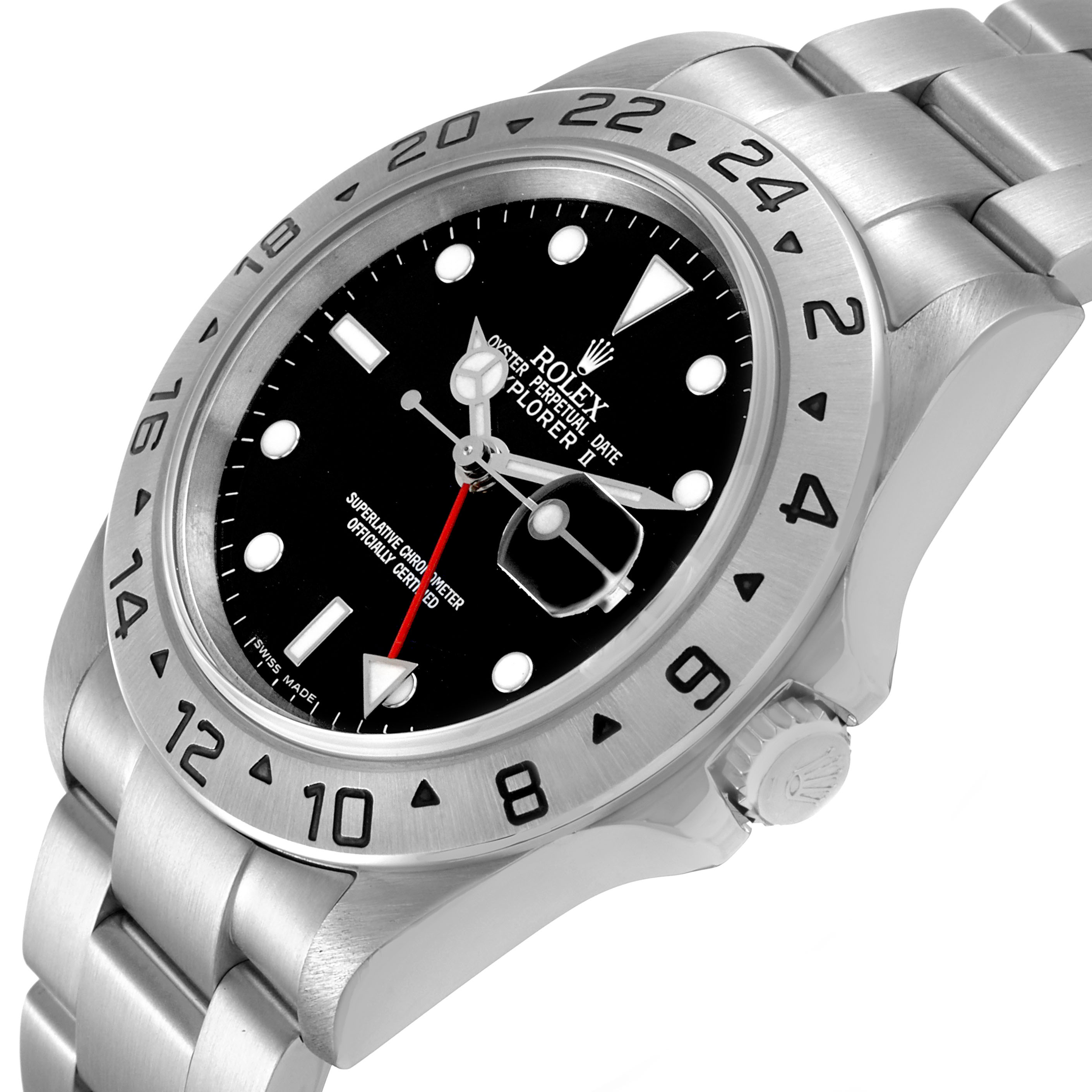 The Rolex Explorer 16570 Men's Stainless Steel Black Dial model is shown at an angle highlighting its dial, bezel, crown, and part of the bracelet.