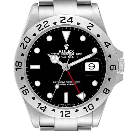 The Rolex Explorer 16570 Men's Stainless Steel Black Dial watch is shown from the front, displaying the dial, bezel, and part of the bracelet.
