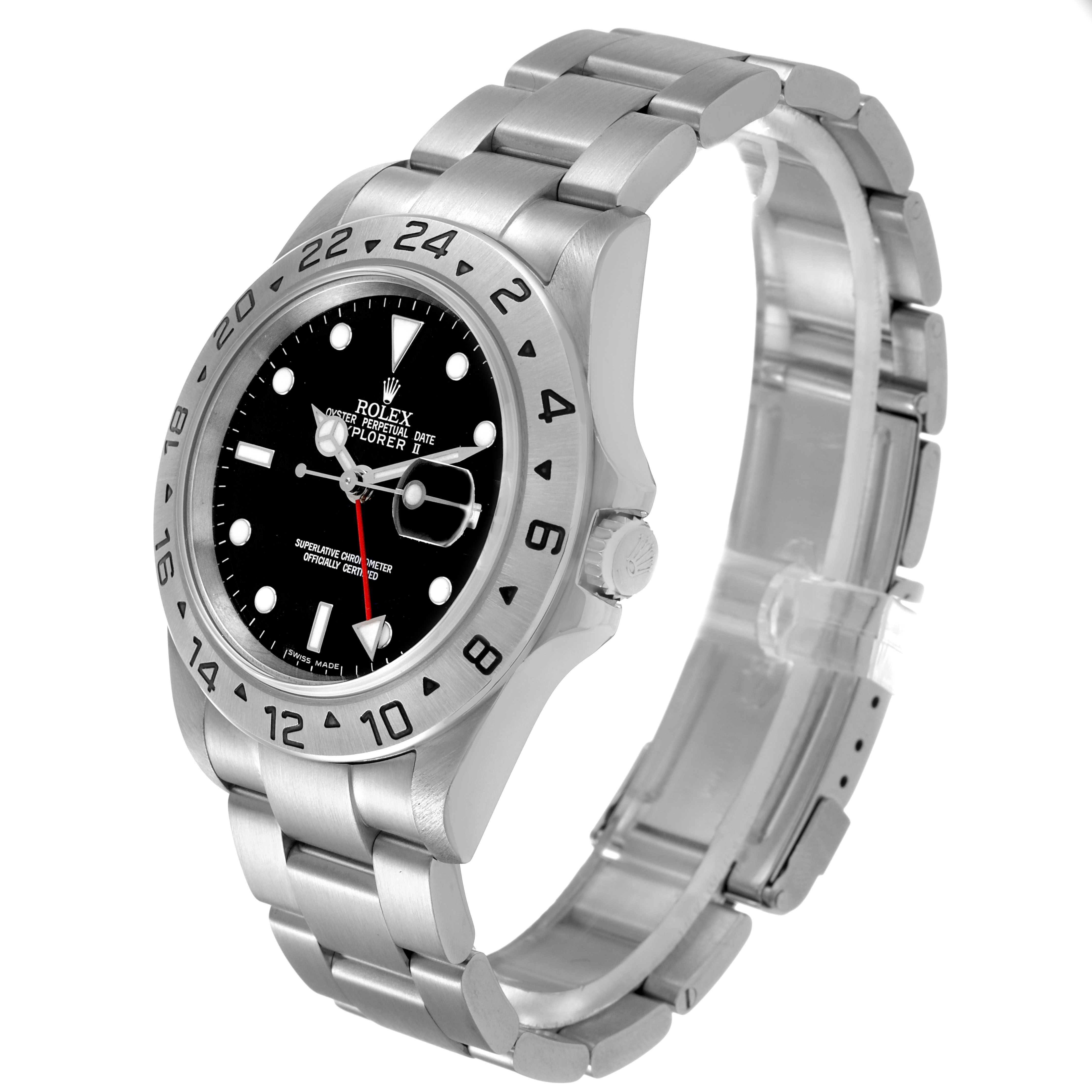 The Rolex Explorer 16570 Men's Stainless Steel Black Dial model is shown at a three-quarter angle, showcasing the bezel, dial, crown, and bracelet.