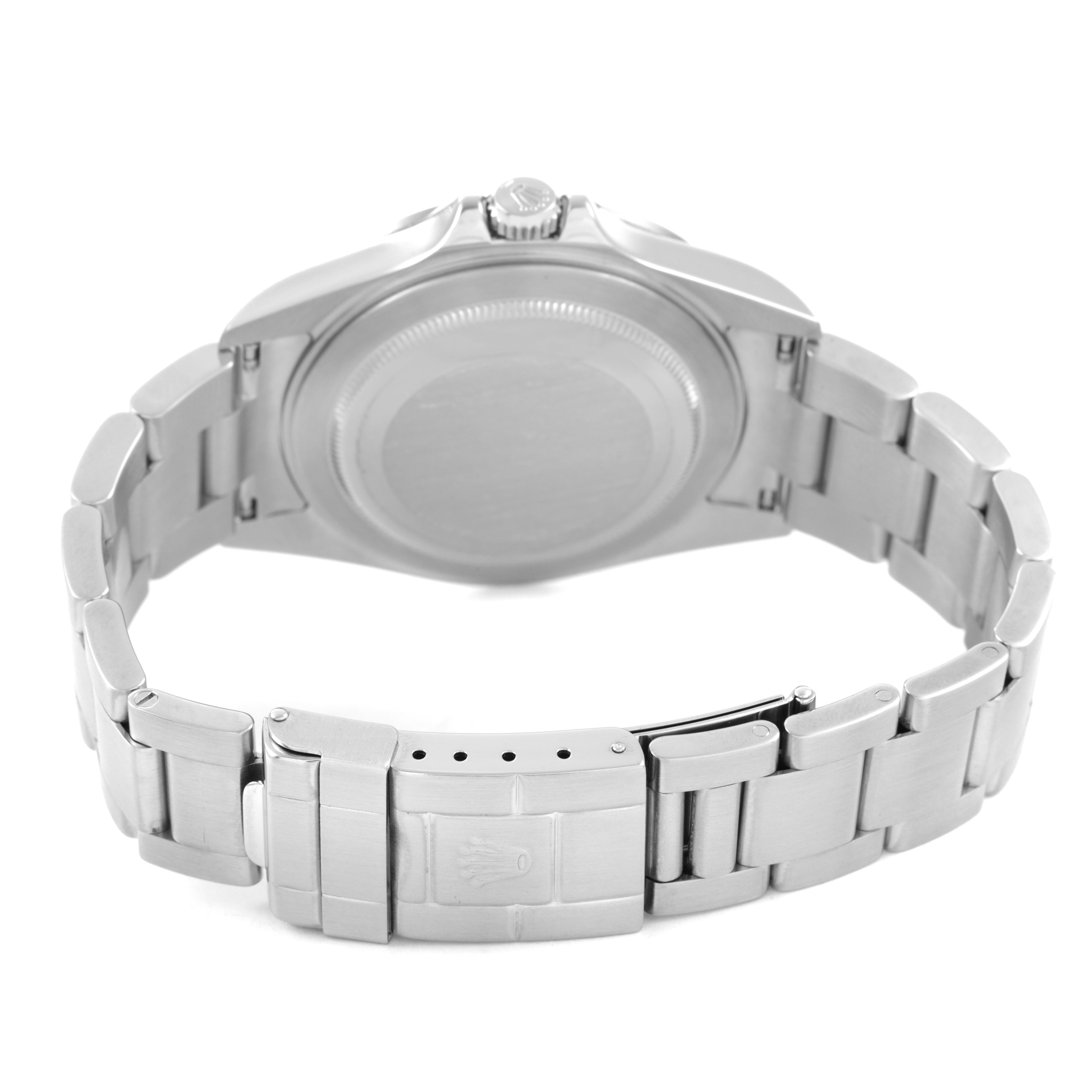 The image shows the back view of a Rolex Explorer 16570 Men's Stainless Steel Black Dial watch, highlighting the bracelet, clasp, and case back.