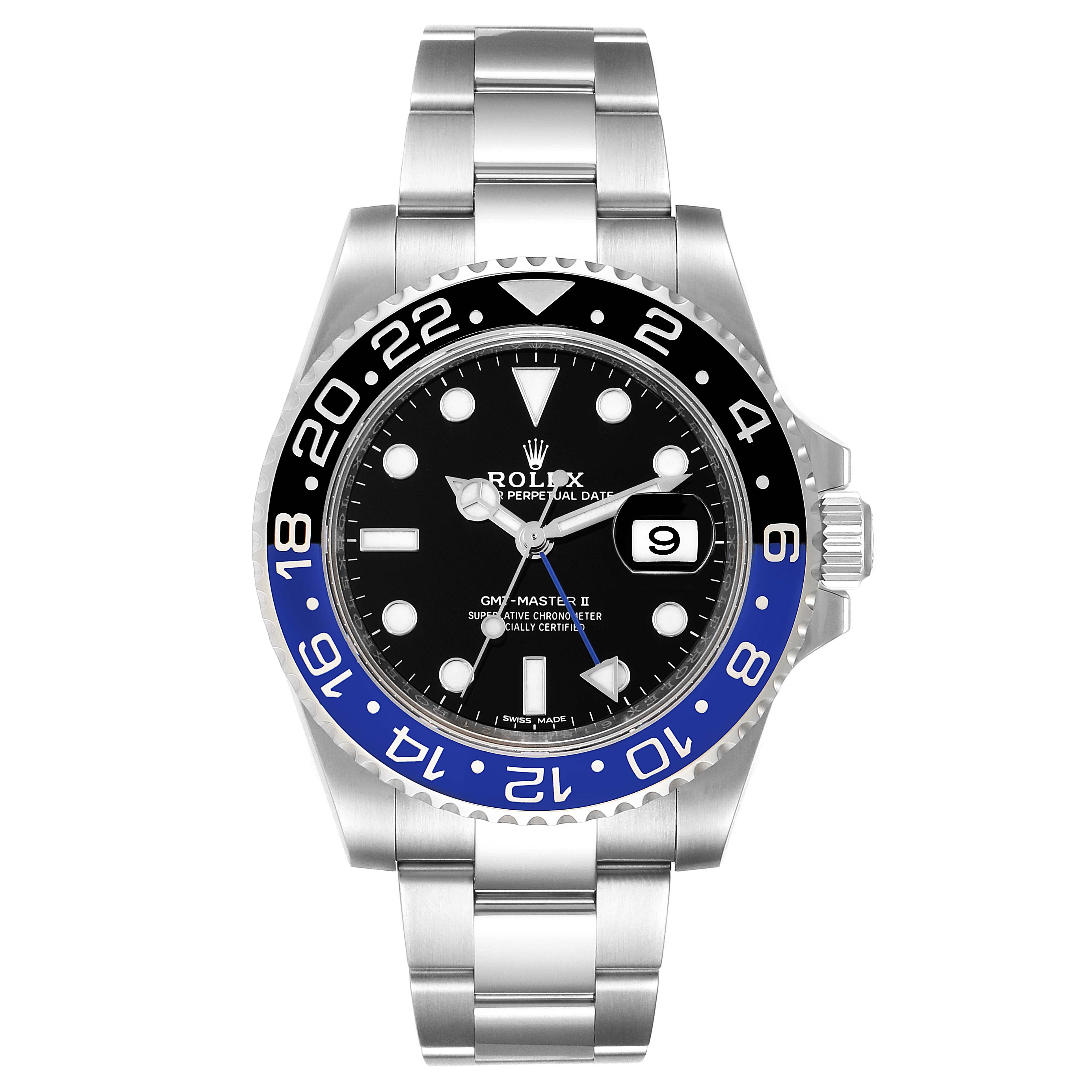 The image shows a front view of a Rolex GMT-Master 116710 Men's Stainless Steel Black Dial 116710 Men's Stainless Steel Black Dial II watch, highlighting the dial, bezel, and bracelet.