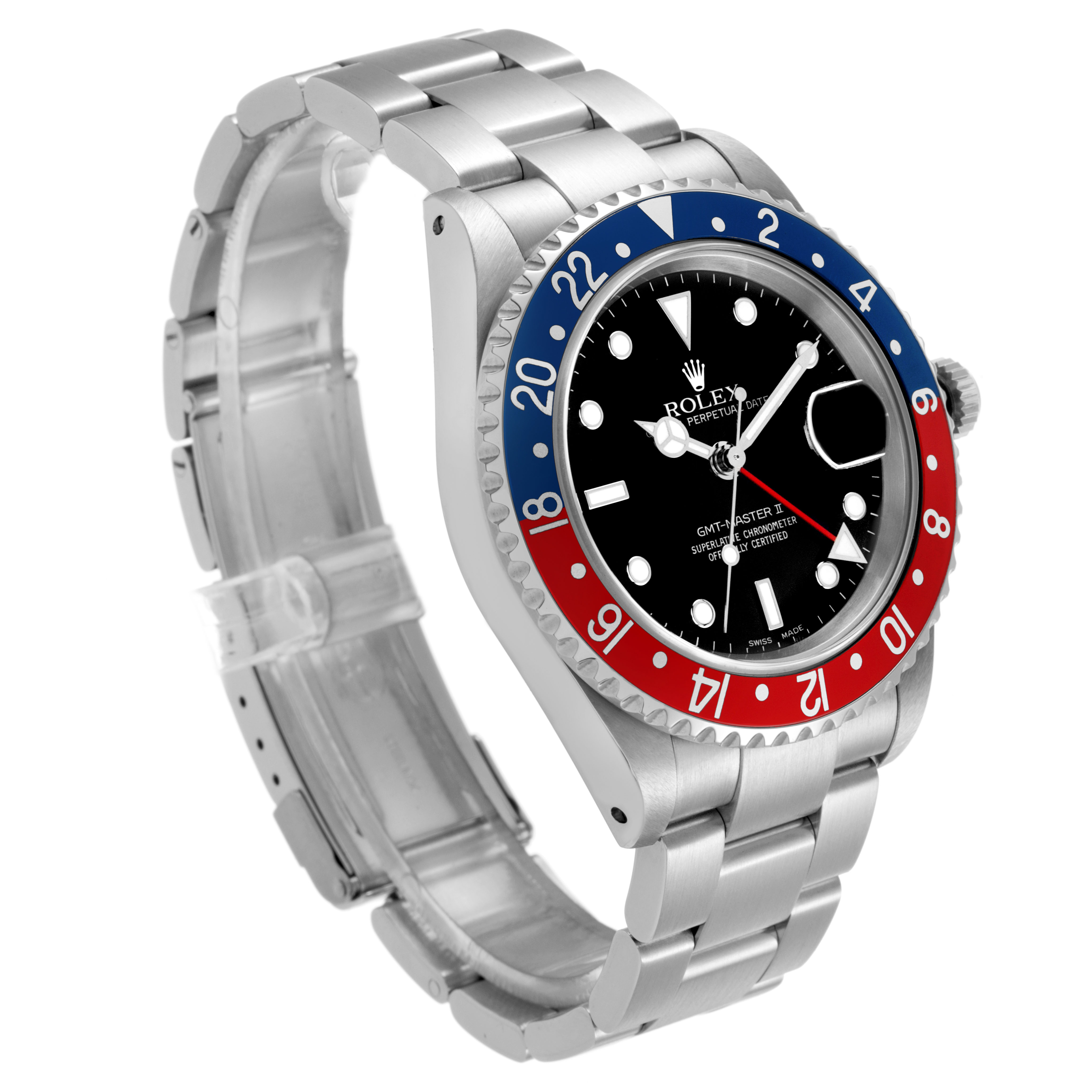 The image shows a Rolex GMT-Master Men's Stainless Steel Black Dial watch at a three-quarter angle, highlighting the bezel, dial, and bracelet.