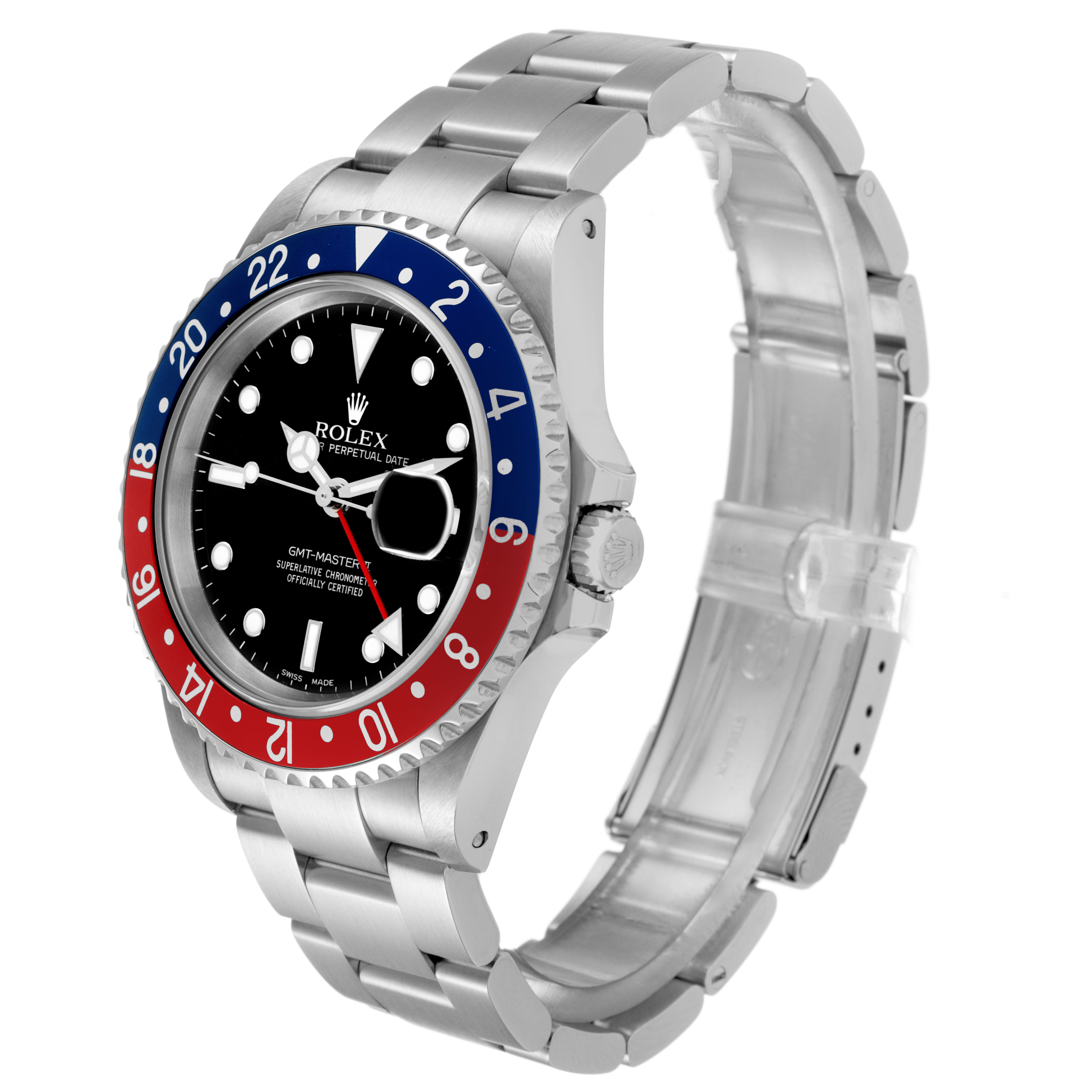 The Rolex GMT-Master Men's Stainless Steel Black Dial watch is shown at a three-quarter angle, displaying the bezel, case, bracelet, and dial.