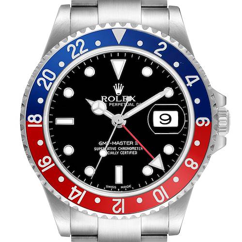 The Rolex GMT-Master Men's Stainless Steel Black Dial watch is shown from a frontal angle, highlighting the bezel, dial, hands, and bracelet.