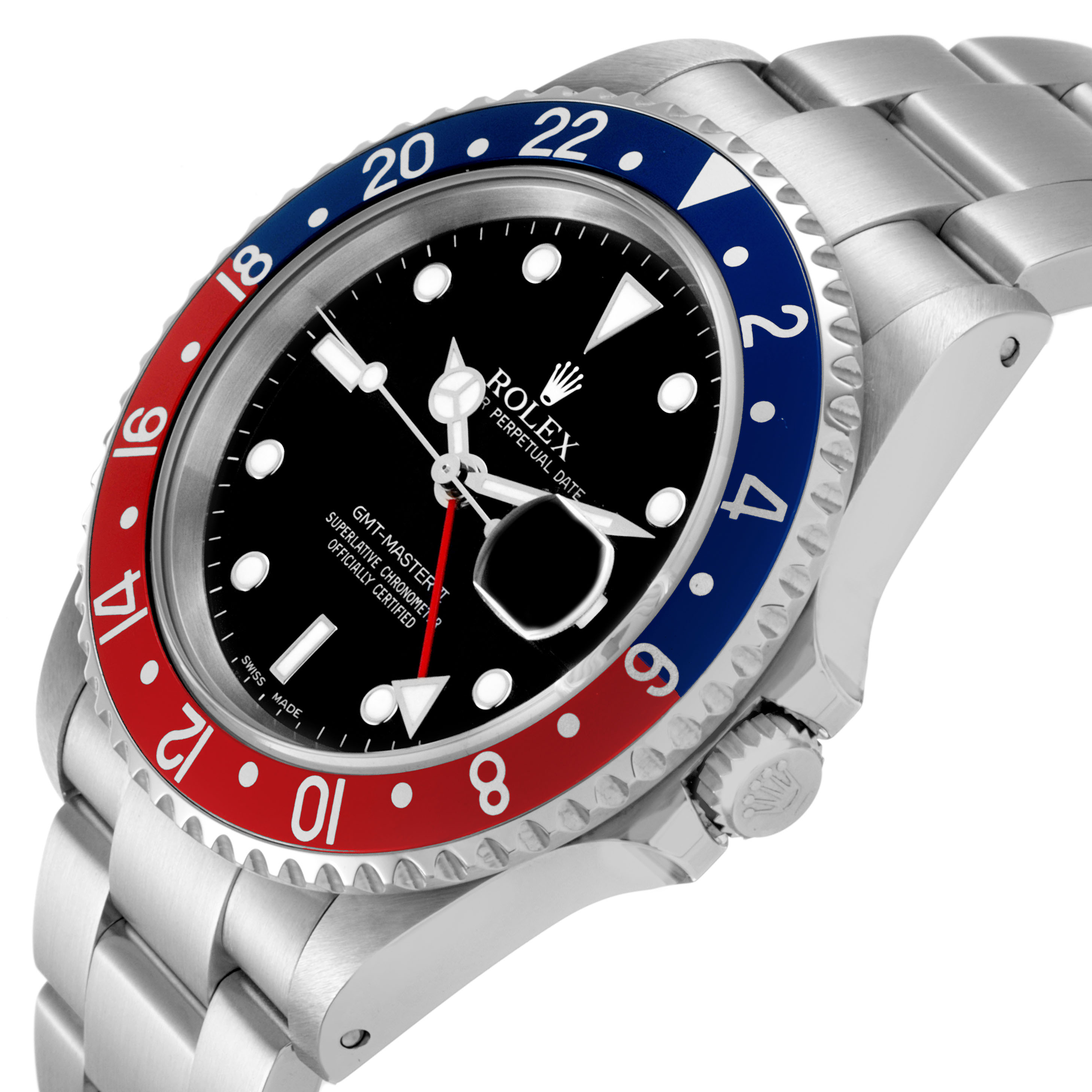 The Rolex GMT-Master Men's Stainless Steel Black Dial watch is shown at an angle highlighting its bezel, case, crown, and part of the bracelet.