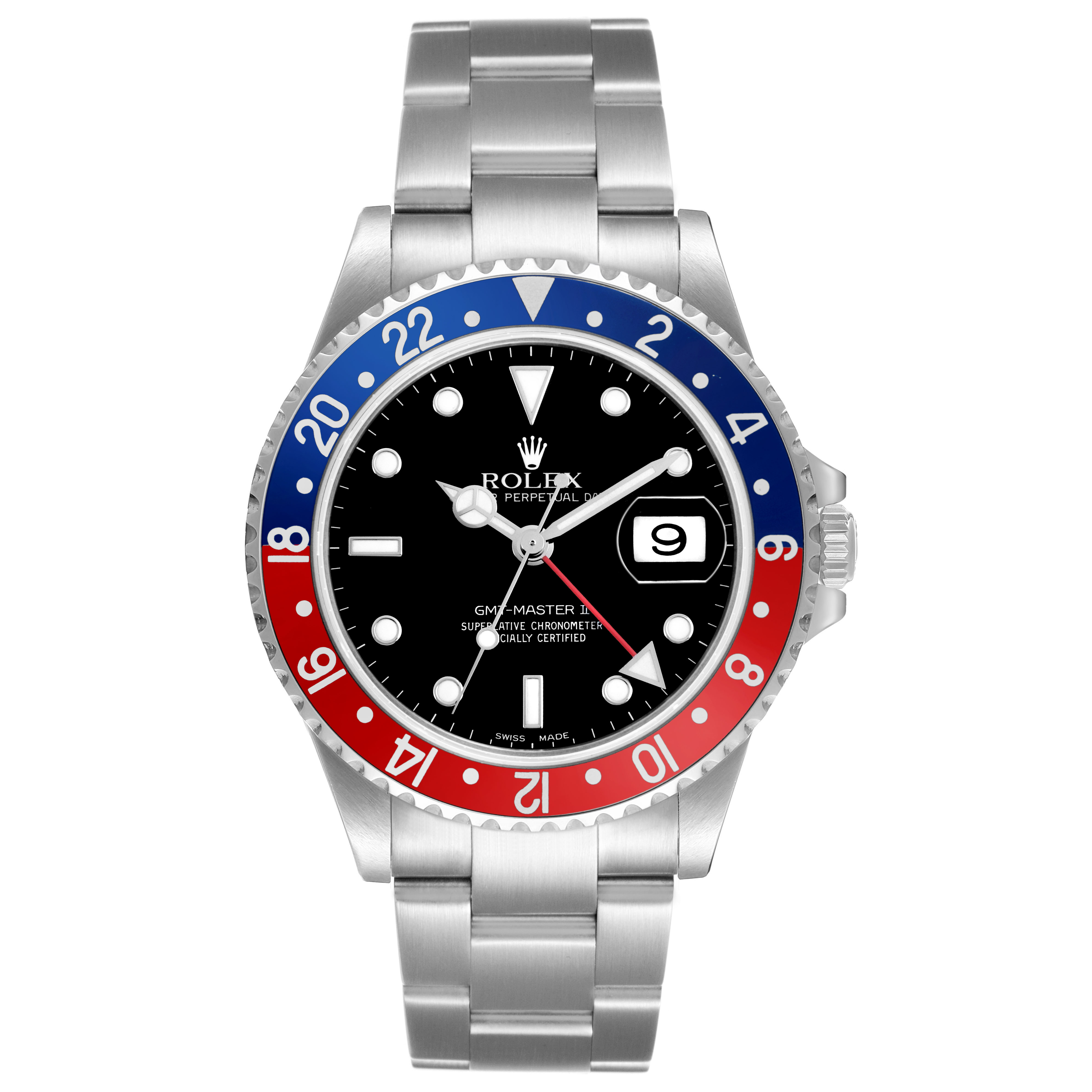 The Rolex GMT-Master Men's Stainless Steel Black Dial model is shown from the front, displaying its dial, bezel, crown, and bracelet.