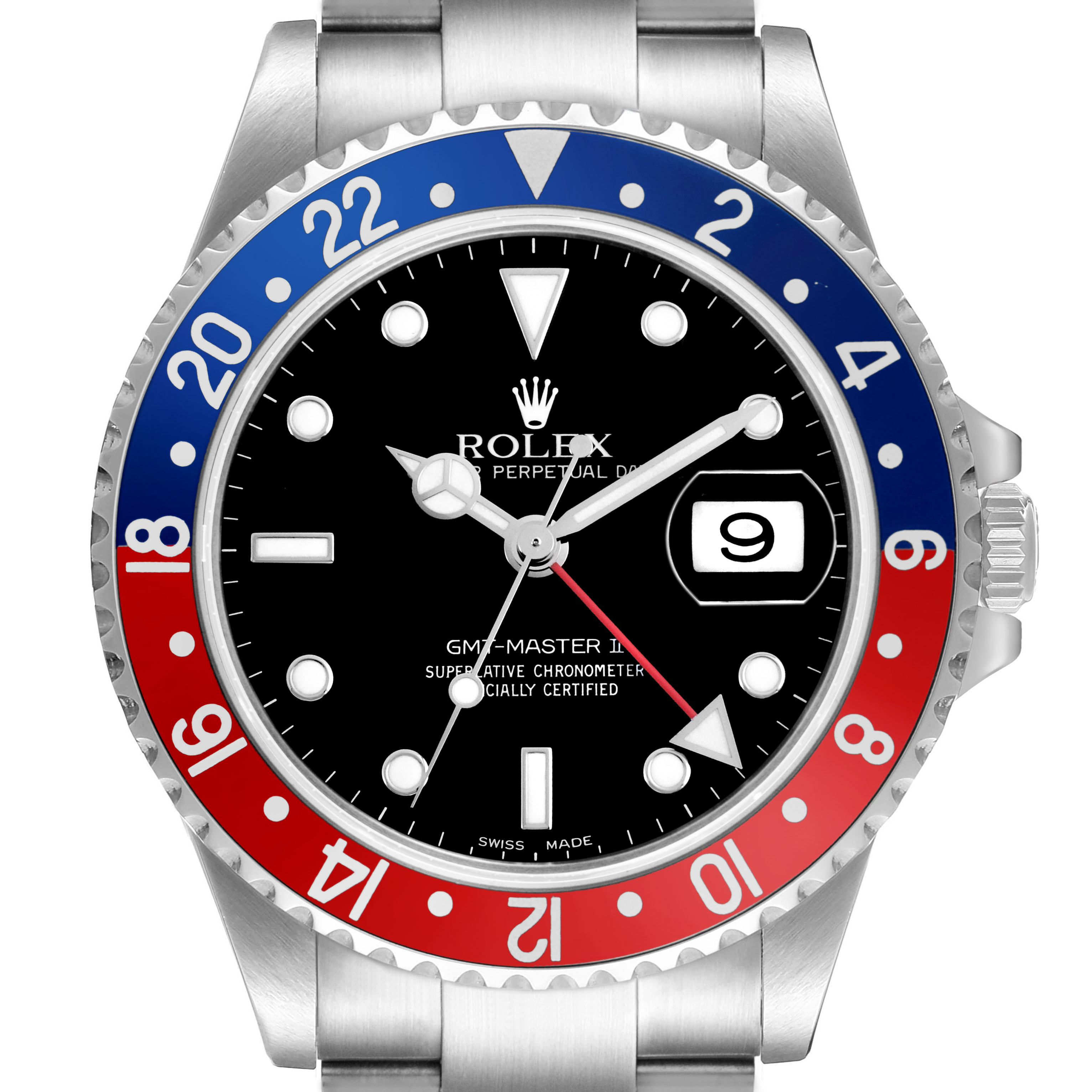 This image shows a front view of the Rolex GMT-Master Men's Stainless Steel Black Dial II, highlighting the bezel, dial, crown, and bracelet.
