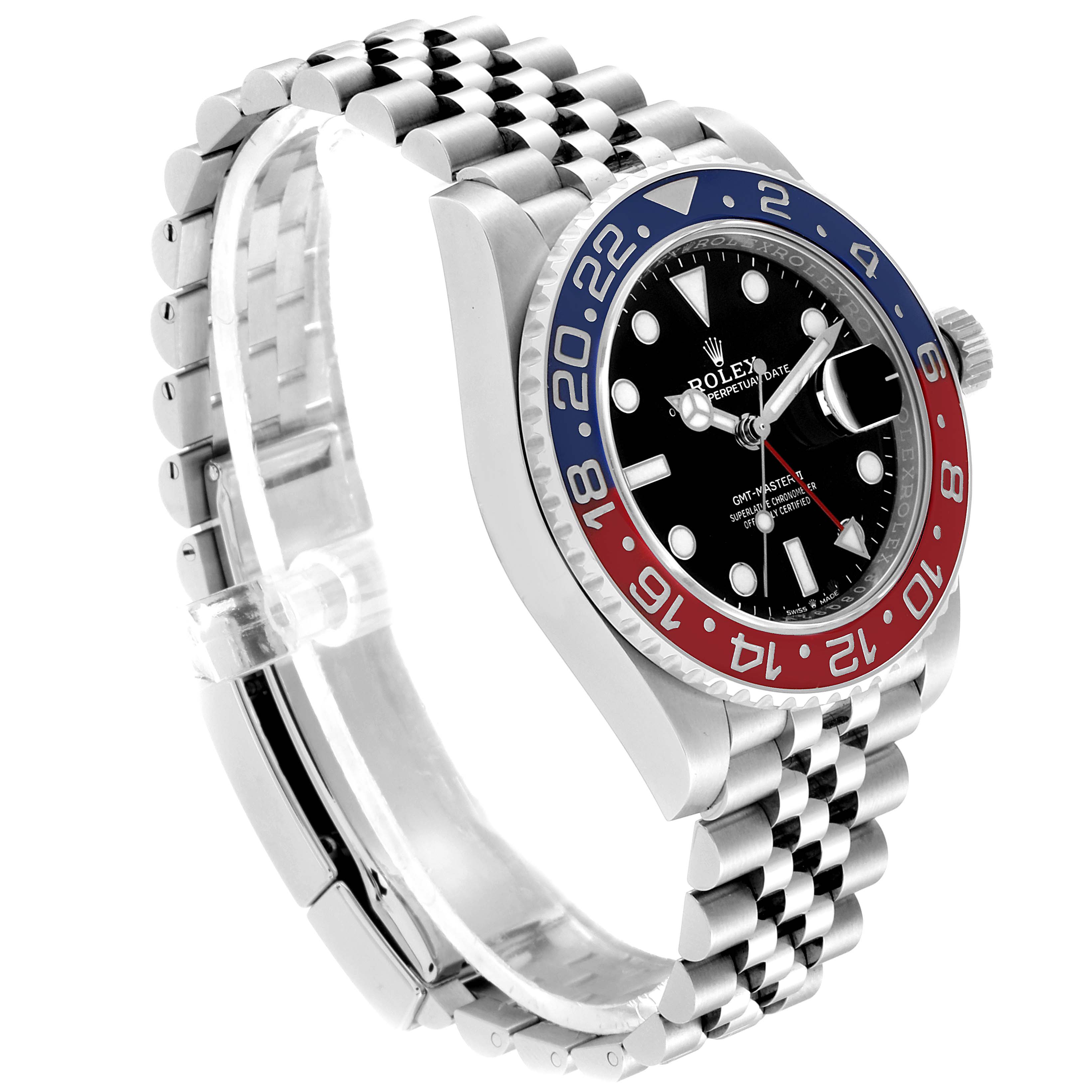 This image shows a side angle of the Rolex GMT-Master 126710 Men
s Stainless Steel Black Dial 126710 Men
s Stainless Steel Black Dial watch, featuring its bezel, dial, case, and jubilee bracelet.