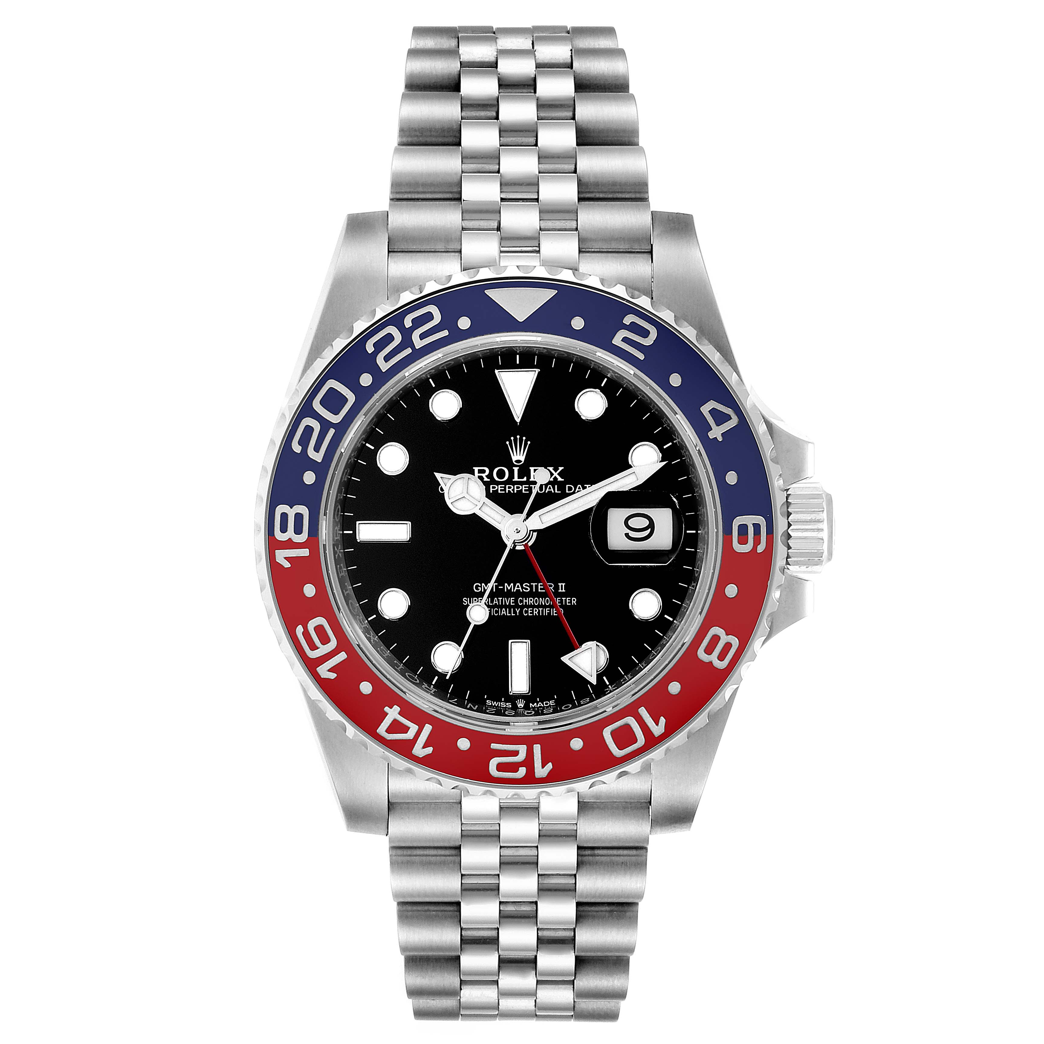This image shows a front view of the Rolex GMT-Master 126710 Men
s Stainless Steel Black Dial 126710 Men
s Stainless Steel Black Dial II watch, featuring a two-tone blue and red bezel and Jubilee bracelet.