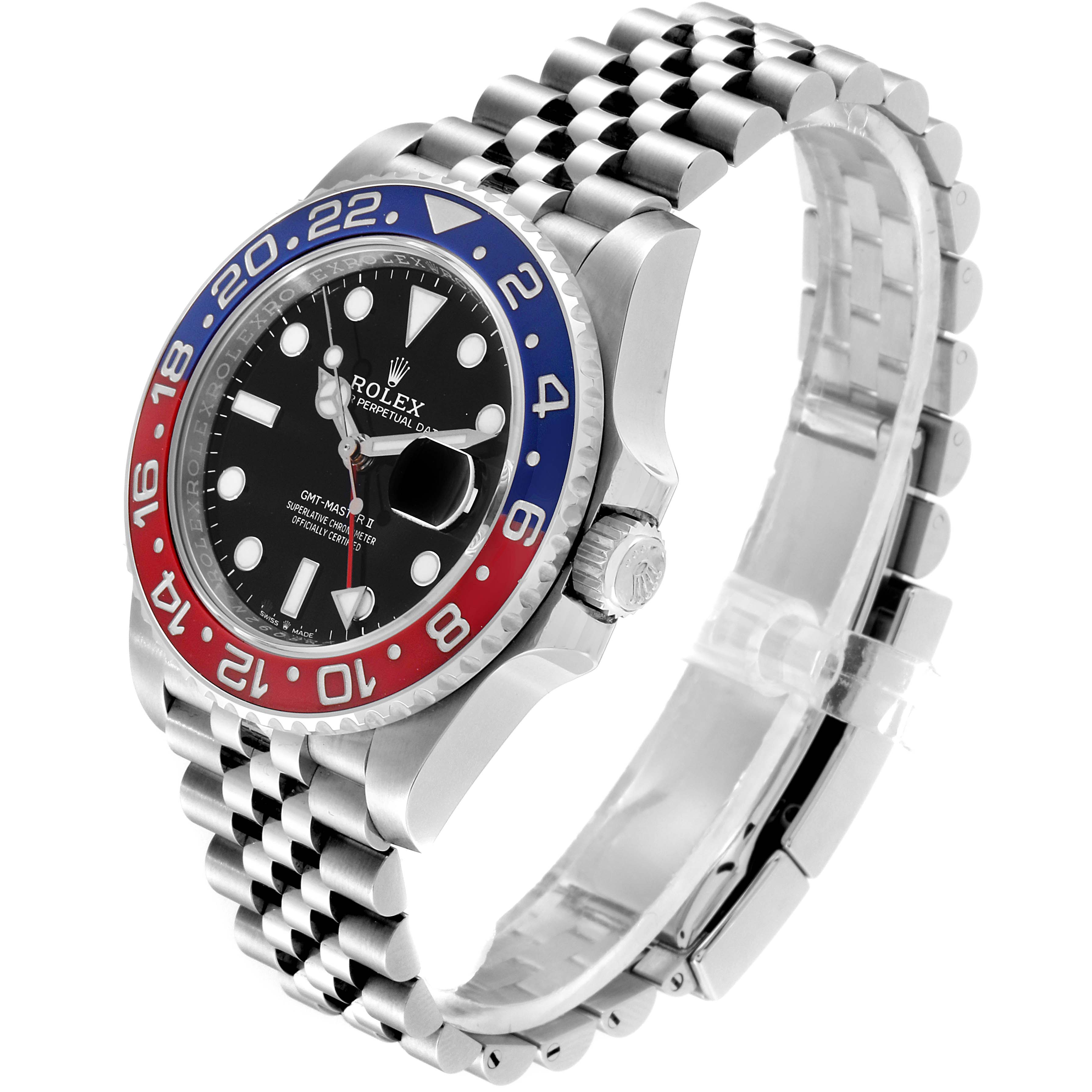The image shows a side view of a Rolex GMT-Master 126710 Men
s Stainless Steel Black Dial 126710 Men
s Stainless Steel Black Dial watch, highlighting its bezel, dial, and bracelet.