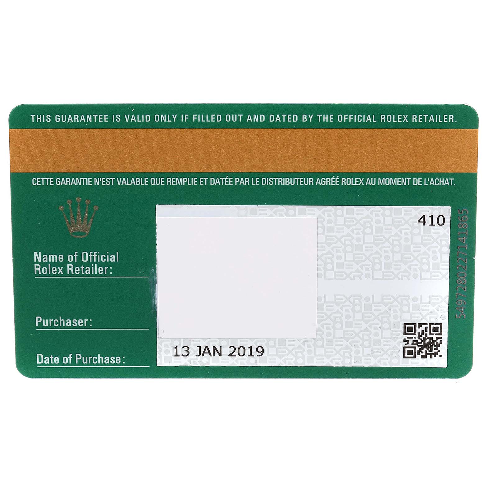 This image shows the guarantee card for the Rolex GMT-Master 126710 Men
s Stainless Steel Black Dial 126710 Men
s Stainless Steel Black Dial watch, dated 13 January 2019.