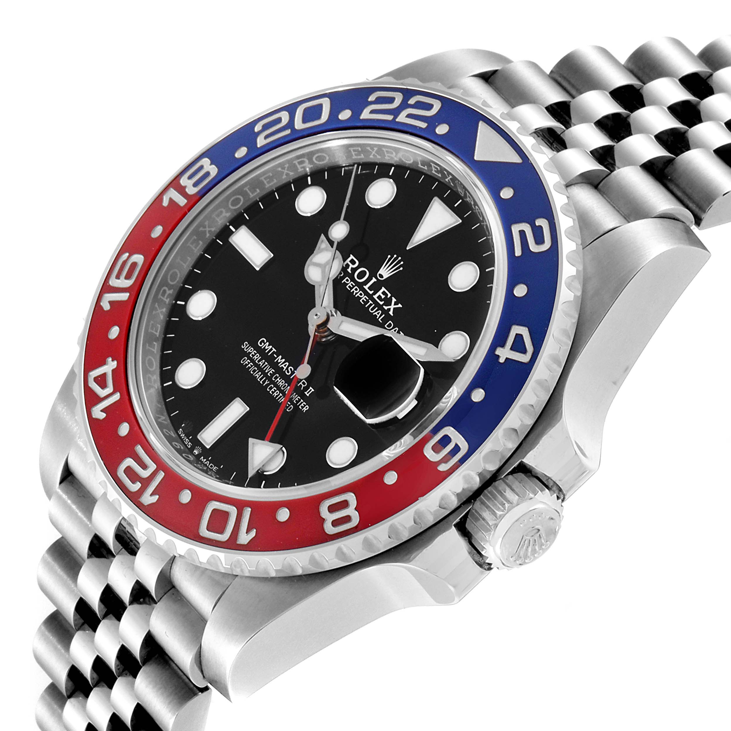 This image shows a close-up, angled view of the Rolex GMT-Master 126710 Men
s Stainless Steel Black Dial 126710 Men
s Stainless Steel Black Dial II watch, highlighting the bezel, dial, case, and part of the bracelet.