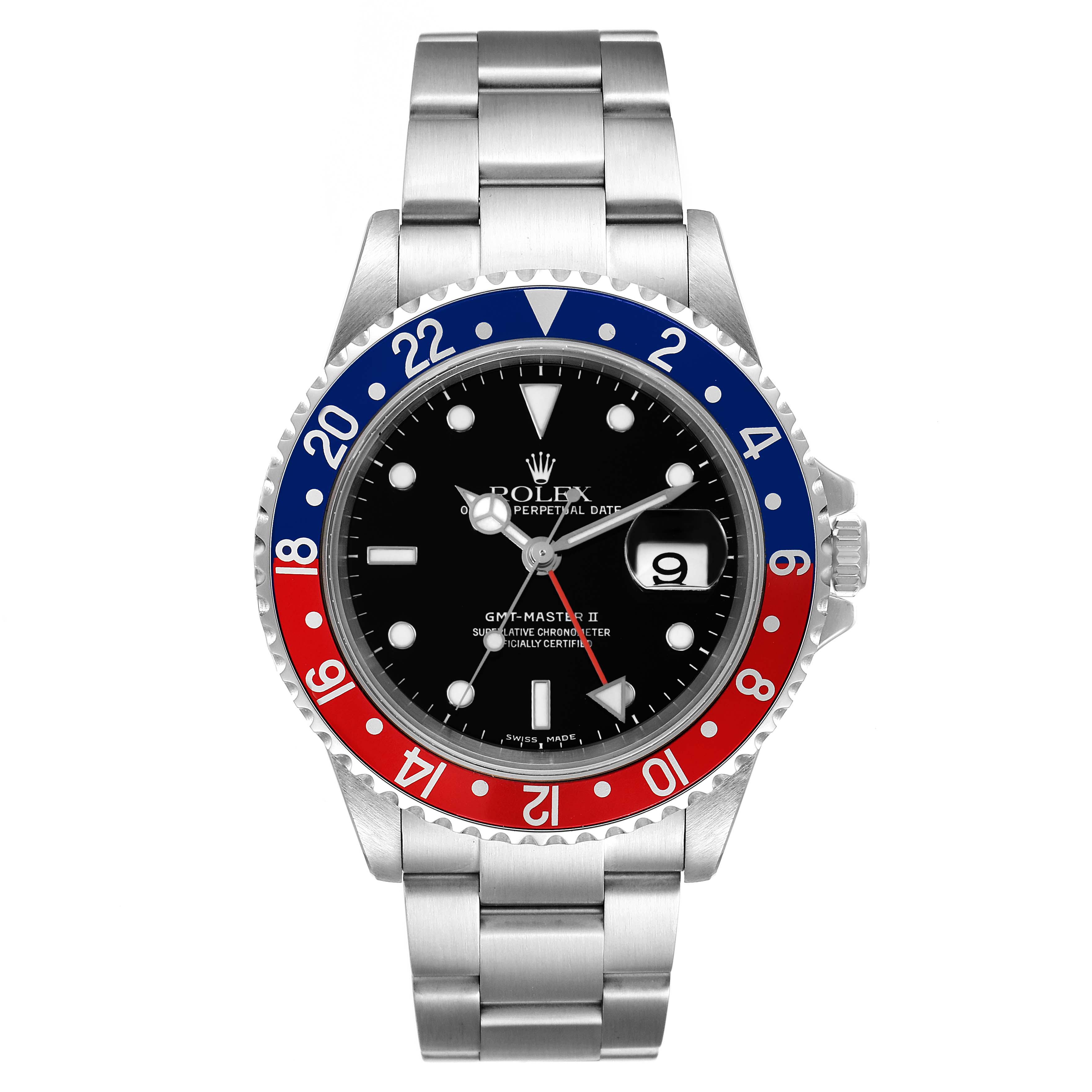 The image shows a front view of a Rolex GMT-Master 16710 Men
s Stainless Steel Black Dial 16710 Men
s Stainless Steel Black Dial watch with a black dial and red and blue bezel.