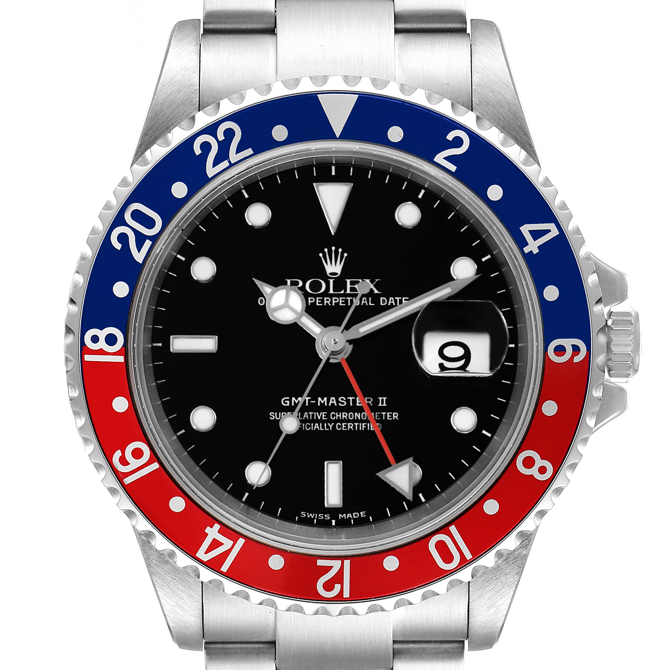 The Rolex GMT-Master 16710 Men
s Stainless Steel Black Dial 16710 Men
s Stainless Steel Black Dial watch is shown from a front view, displaying the face, bezel, and part of the bracelet.