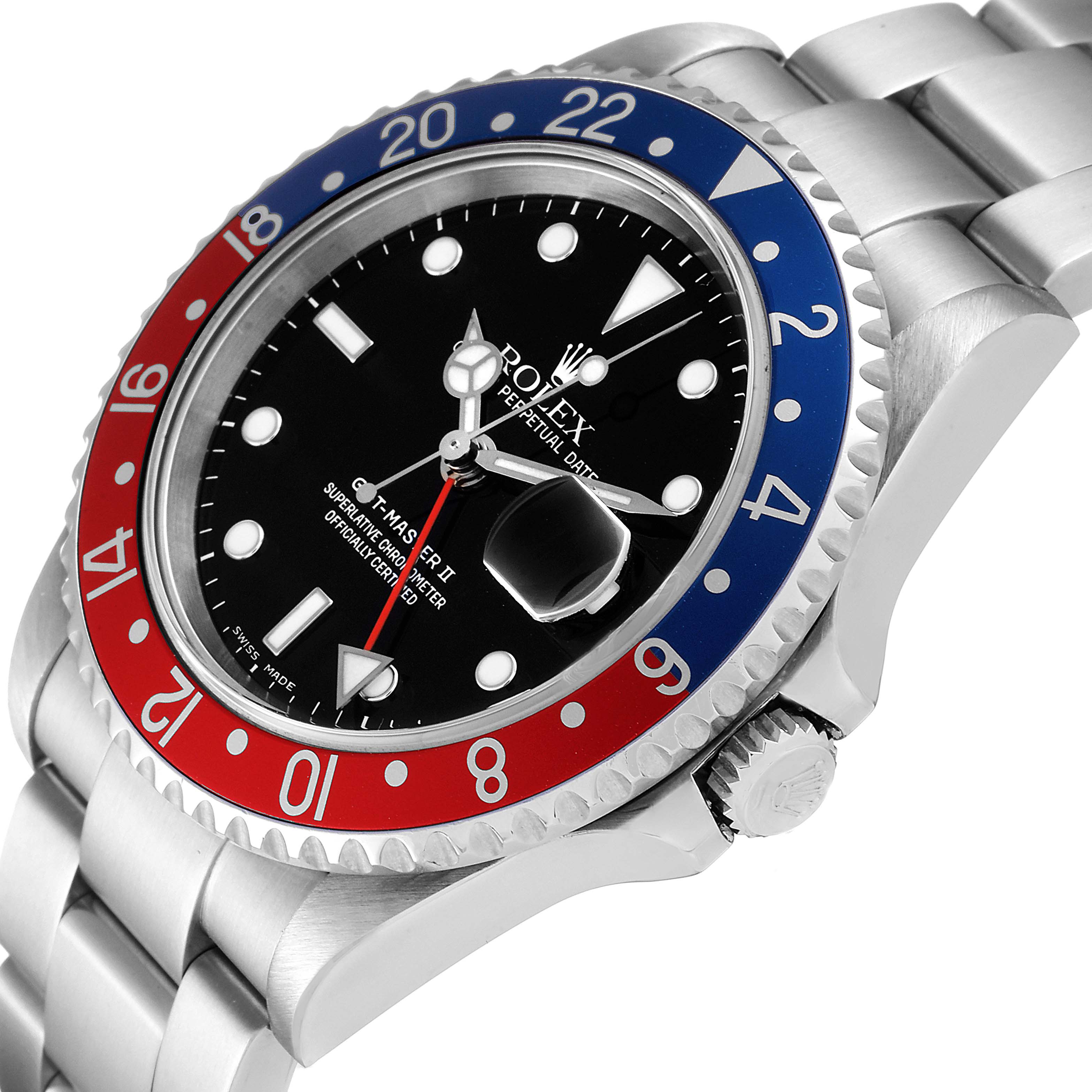 The image shows a Rolex GMT-Master 16710 Men
s Stainless Steel Black Dial 16710 Men
s Stainless Steel Black Dial II watch from an angled side view, highlighting its bezel, face, and part of the bracelet.