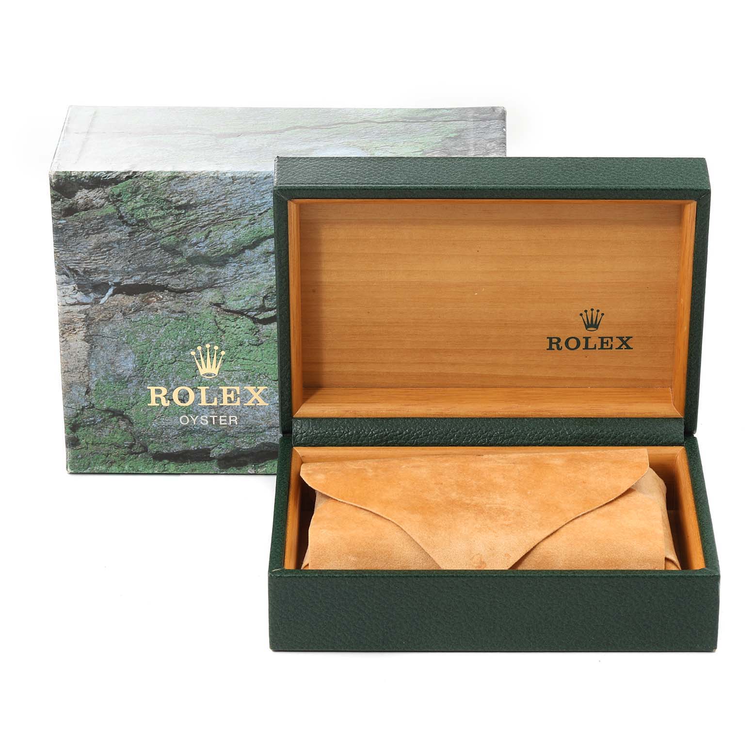 The image shows a Rolex GMT-Master 16710 Men
s Stainless Steel Black Dial 16710 Men
s Stainless Steel Black Dial watch box, including the outer box, inner wooden box, and a suede watch pouch inside.