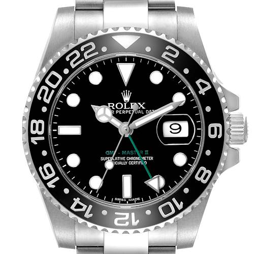The Rolex GMT-Master 116710 Men's Stainless Steel Black Dial model is shown from a front angle, displaying the dial, bezel, crown, and part of the bracelet.